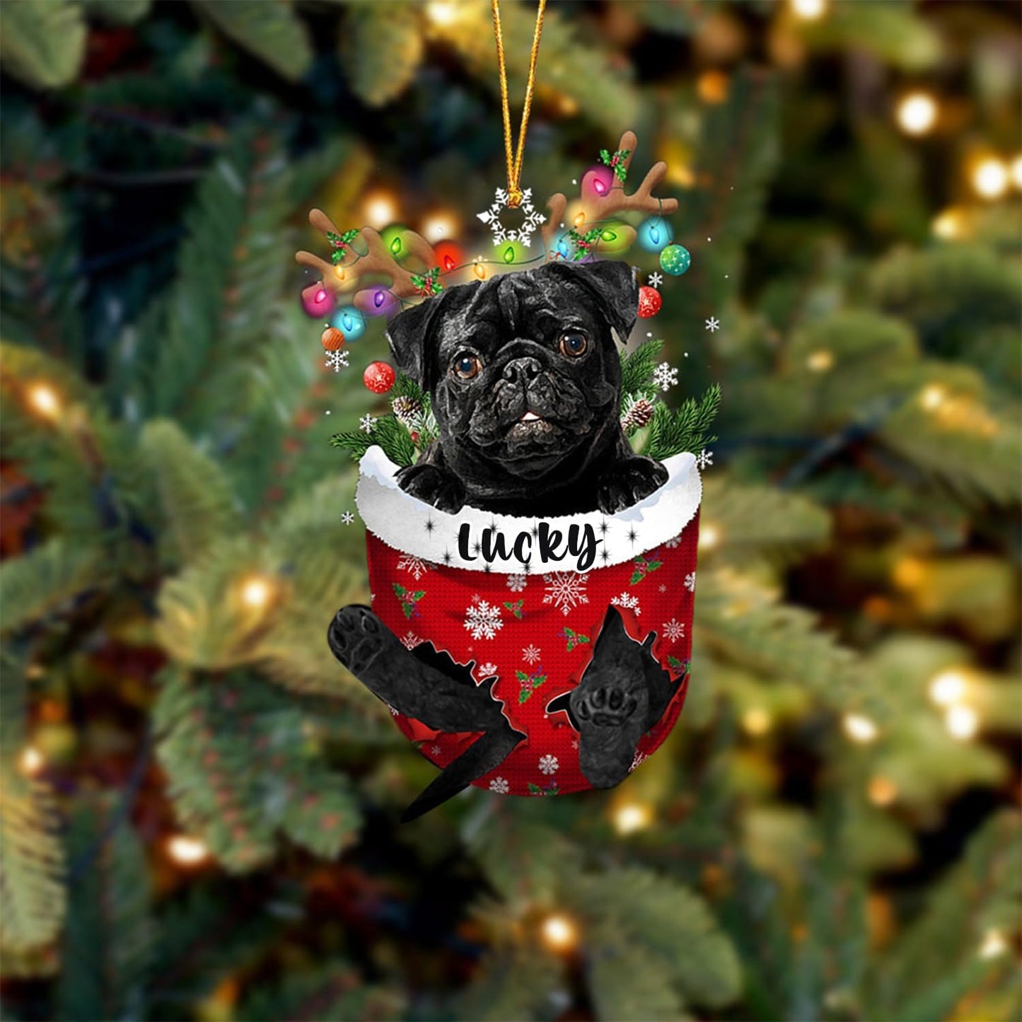 Black Pug Dog Christmas Ornament, Black Pug in Snow Pocket Christmas Tree Ornament, Dog Lovers Gift Idea Xmas Decor, Christmas Decorations for Tree, Christmas Ornament Gift for Dog Lovers