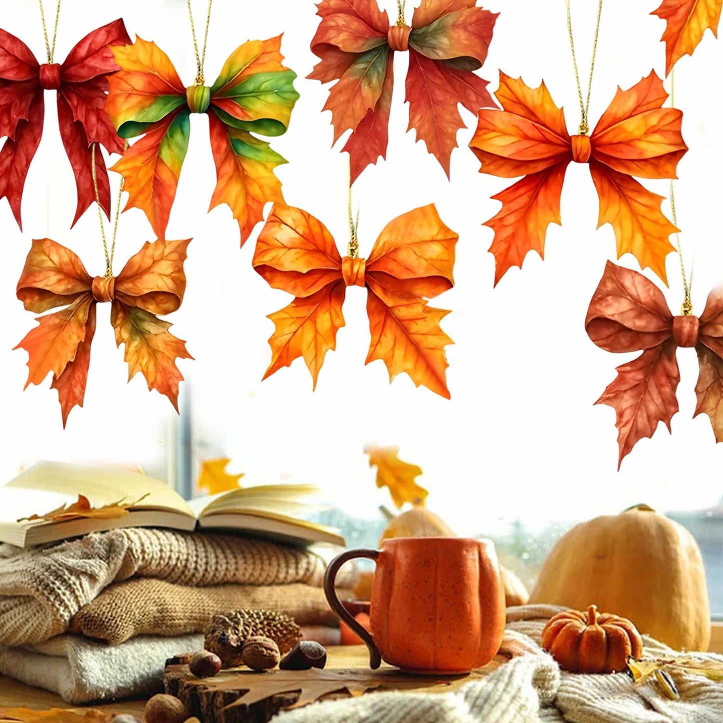 Fall Thanksgiving Hanging Ornament,9 Pcs Cute Bow Shaped Maple Leaf Acrylic Pendant, Funny Cartoon Christmas Tree Ornaments Decorationfor Tree Mini Autumn Leaf Decorations Indoor Outdoo