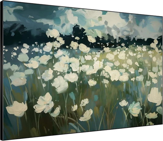 SIGNWIN 36"x46" Extra Large Framed Wall Art White Wildflower Field in Impressionist Style, Soft Floral Landscape for Home Living Room Bedroom Decor (Frame Assembly Required)