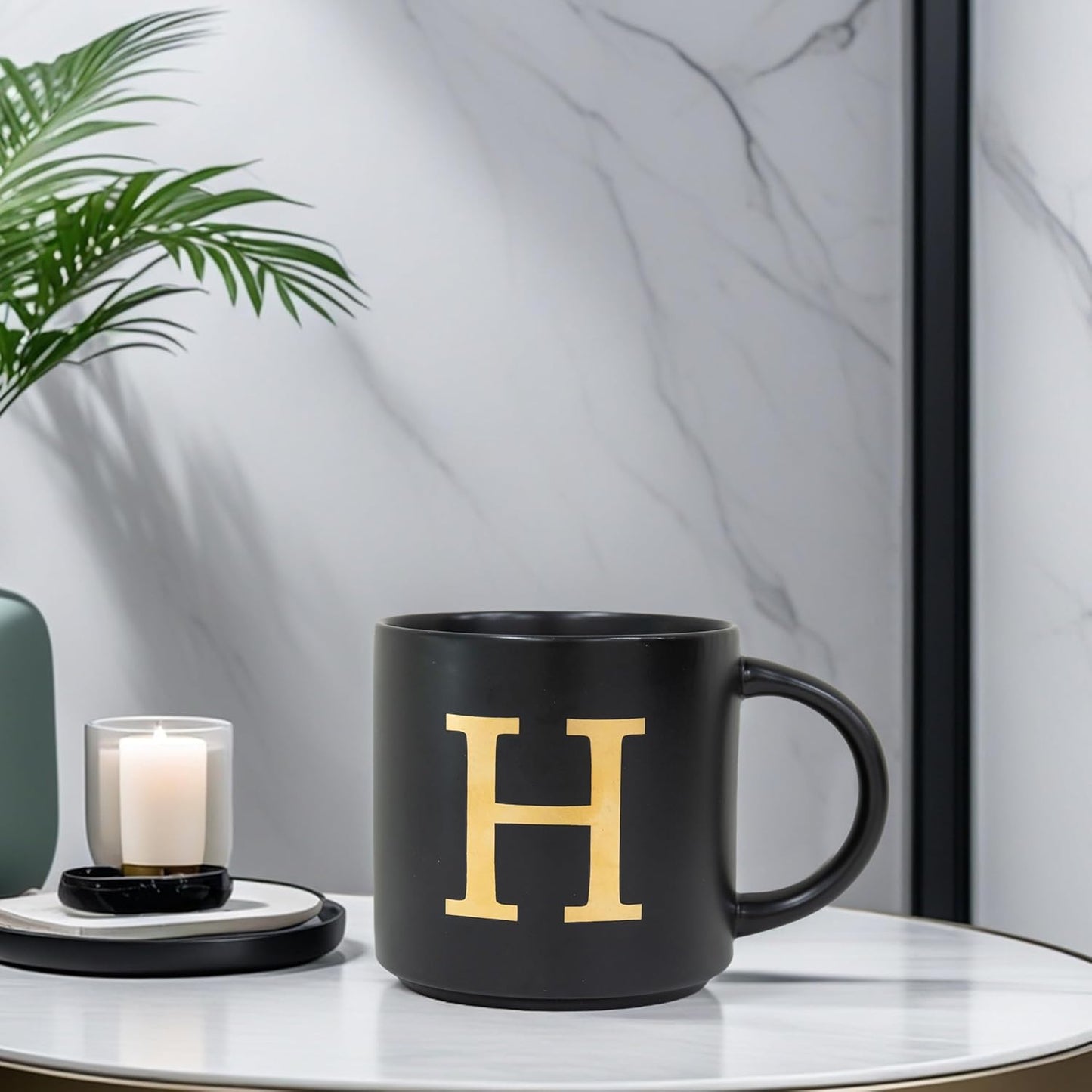 COLLECTIVE HOME - Monogram Ceramic Mugs, 15 oz Golden Initial Black Coffee Cups, Elegant Alphabet Tea Mugs, Elegant Personalized Mug with Gift Box, Unique Mug with Double Side Capital Lette (H)