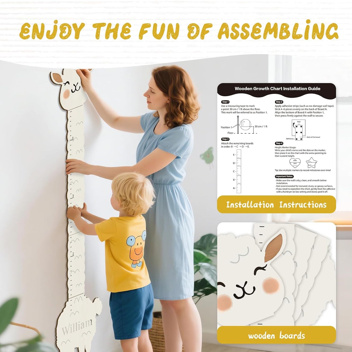 Personalized Name Height Chart for Kids, Alpaca Wood Growth Chart, Height Measuring for Children, Boy Girls Height Wall Chart Growth Measuring Ruler for Nursery Decor, Lightweight