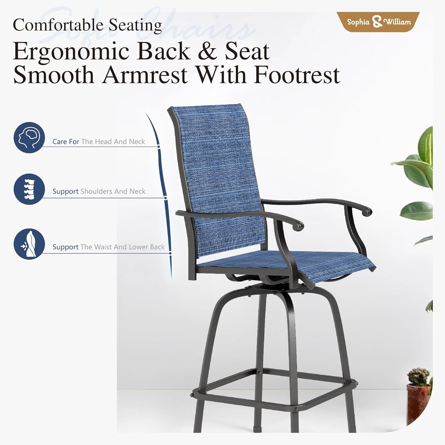 Sophia & William Outdoor Bar Set, Patio Bar Table and Chairs Set, Bar Height Patio Set - 2 x Swivel Bar Chairs(Blue), 1 x Square Bar Table(Wood-Like)