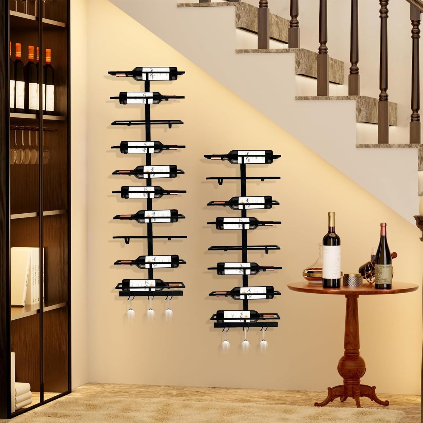 8 Bottle Wall Mount Wine Rack with Wine Glass Holder, Metal Wine Wall Rack, Wall Racks for Wine Bottles Display and Storage, Hanging Bottle Organizer for Living Dining Room Wine Cellar Bar (Black）
