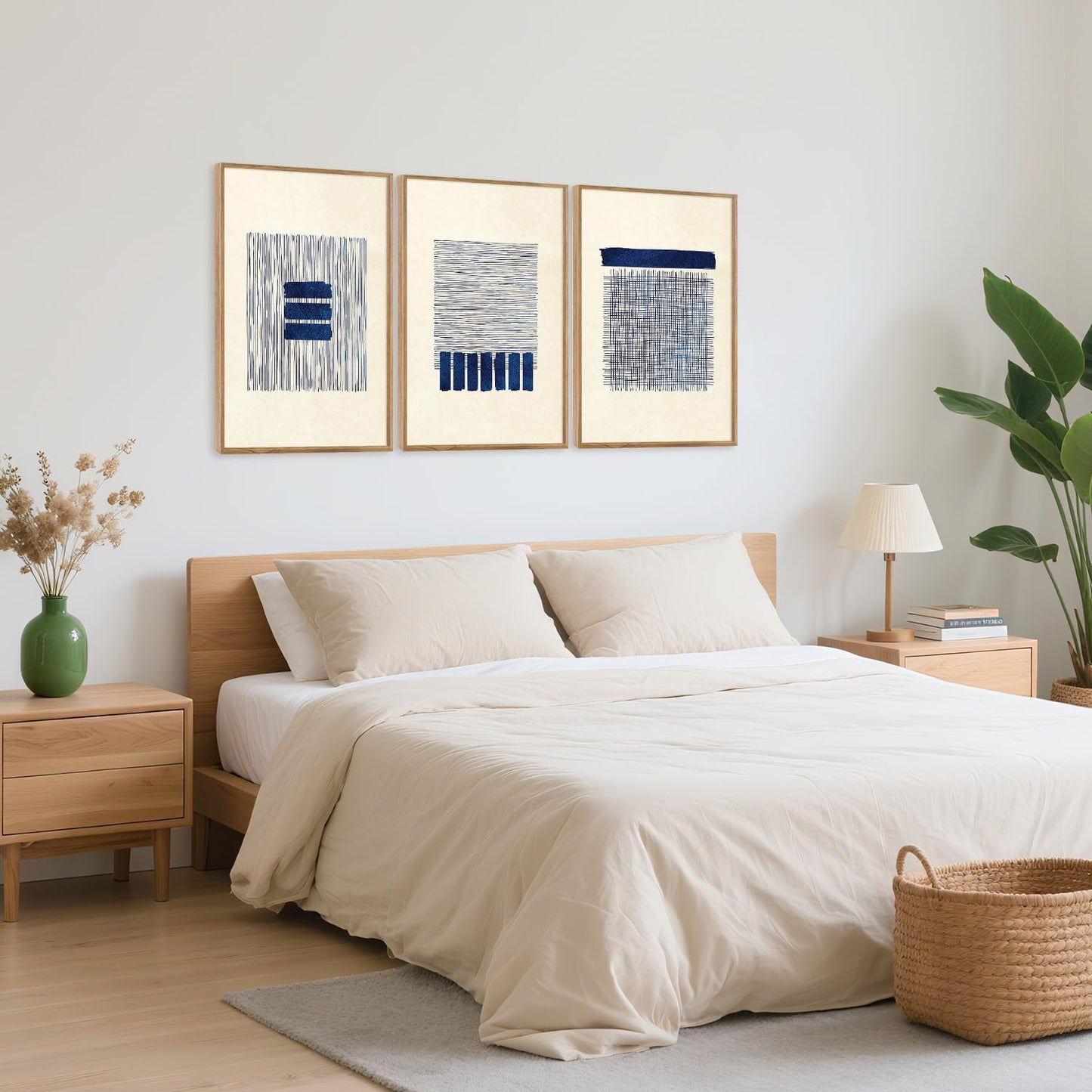 Aurlan Boho Christian Line Art Framed Wall Decor(16"x24"), 3PCS Minimalist Jesus Leavs the 99 Sheep Lamb Bible Story Canvas Artwork, Neutral Abstract Beige Navy Blue Religious Painting for Bedroom Living Room