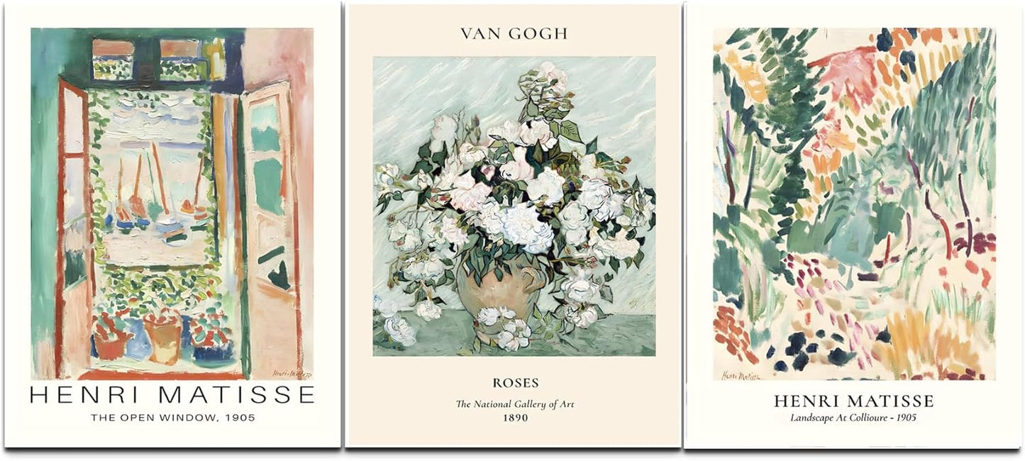 Sage Green Matisse Wall Art Posters Set of 3 Vintage Vin Gogh Flower Market Painting Decor Retro Open Window Canvas Prints Abstract Aesthetic Artwork Picture for Living Room Bedroom 12x16in Unframed