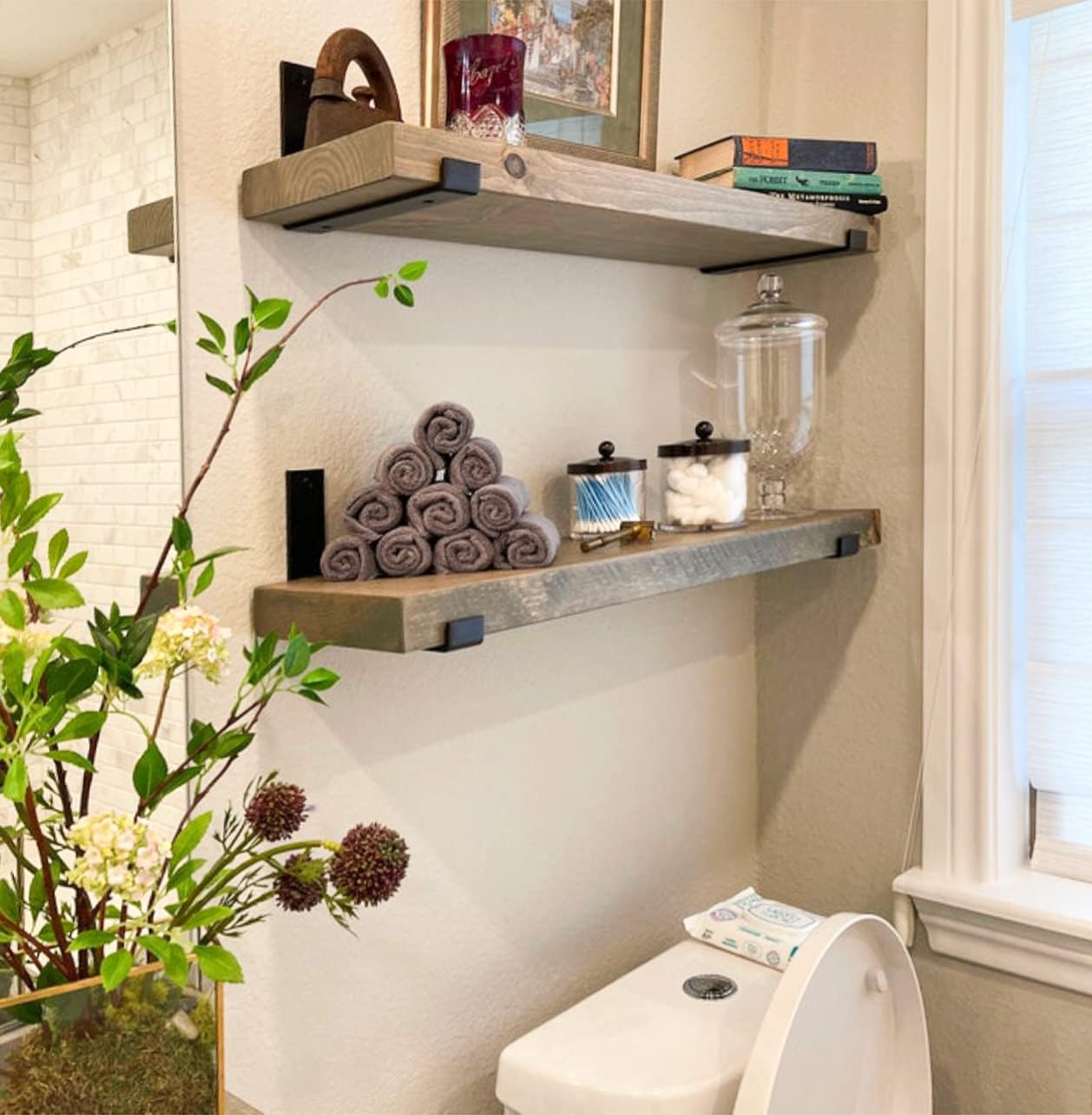 Rustic Shelves with J-Brackets Set of 2, Industrial Shelf, Kitchen Shelves, Solid Wood, Decorative Wall Storage, Heavy Duty, URBANDI (Grey, 36Wx10D)