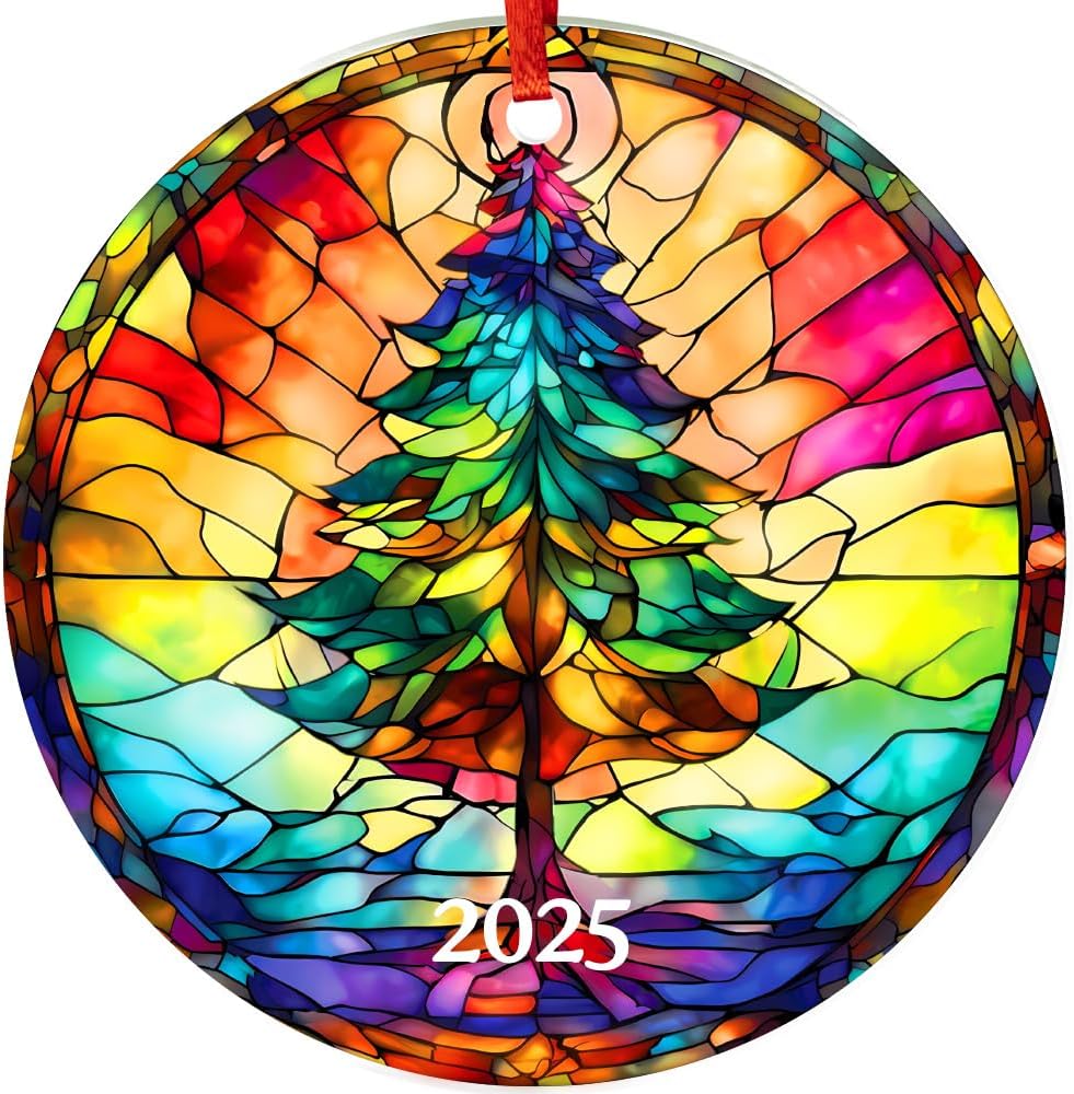 Jabihome Christmas Ornaments 2025, Exchange for Women, Men, Collectible Dated Year Ornaments for Tree, Unique Acrylic Suncatcher, Printed Stained Glass Effect Decor (Christmas Tree)