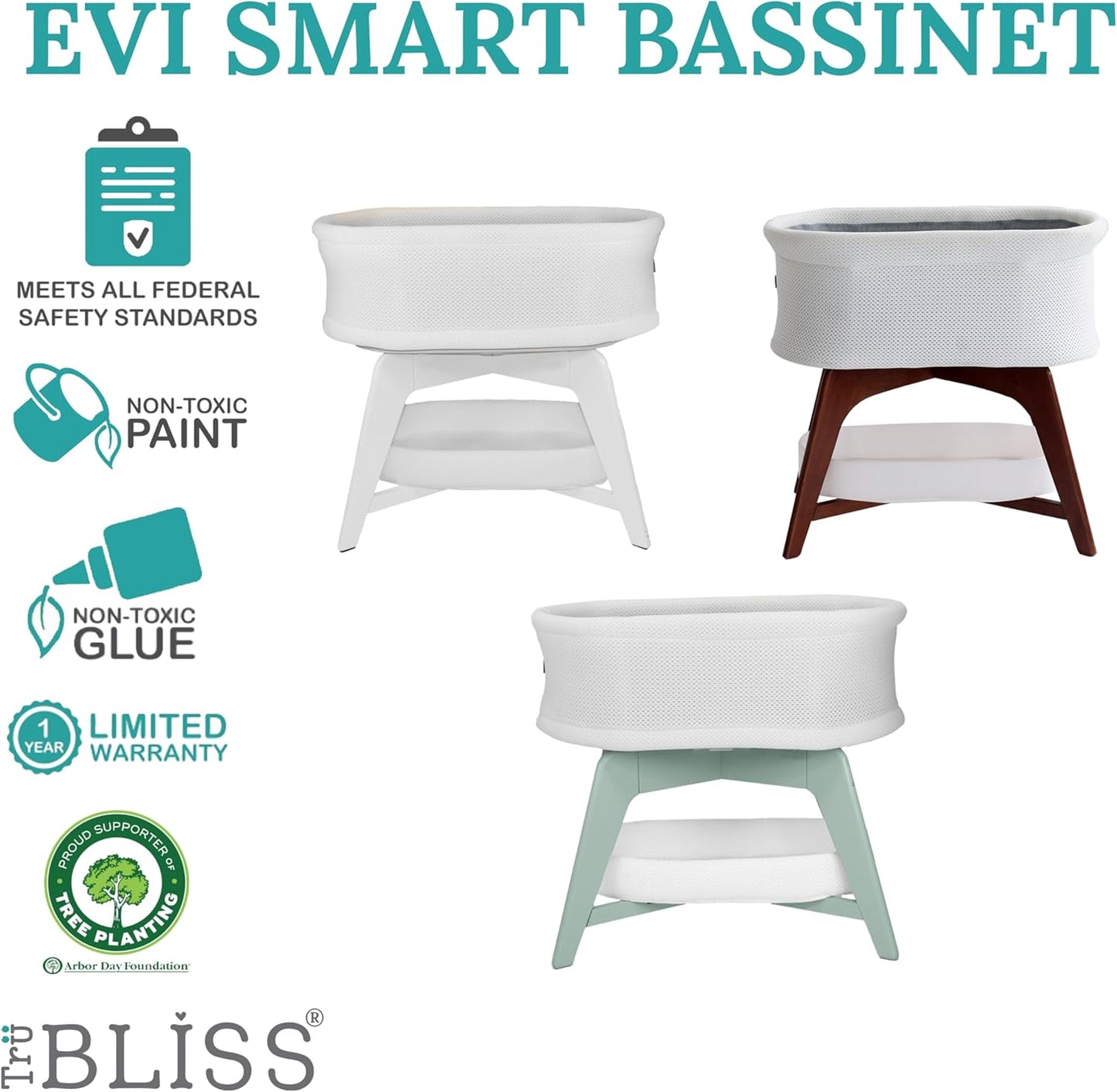 Evi Smart Baby Bassinet Beside Sleeper with Auto-Glide, Ambient Nightlight & Sensory Sounds, Compatible with Alexa and Google Home, Includes 2 Sheets (White w/Mint Green Base)