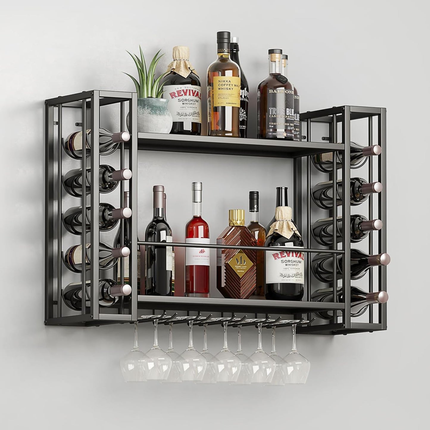 Wall Mounted Wine Rack, Wine Rack Wall Mounted with Wine Glass Rack, 2-Tier Multi-Functional Shelf for Home Restaurant Bar Storage Rack,Black