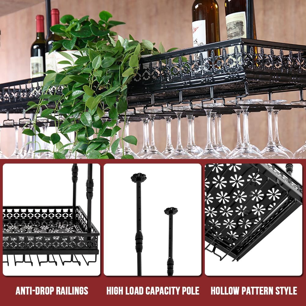 Hanging Wine Rack with Glass Holder, Ceiling Wine Glass Rack 13.78-21.65 inch Height Adjustable Industrial Hanging Wine Rack Ceiling Mounted Metal Wine Shelf Holder for Bar Cafe Kitchen (black)