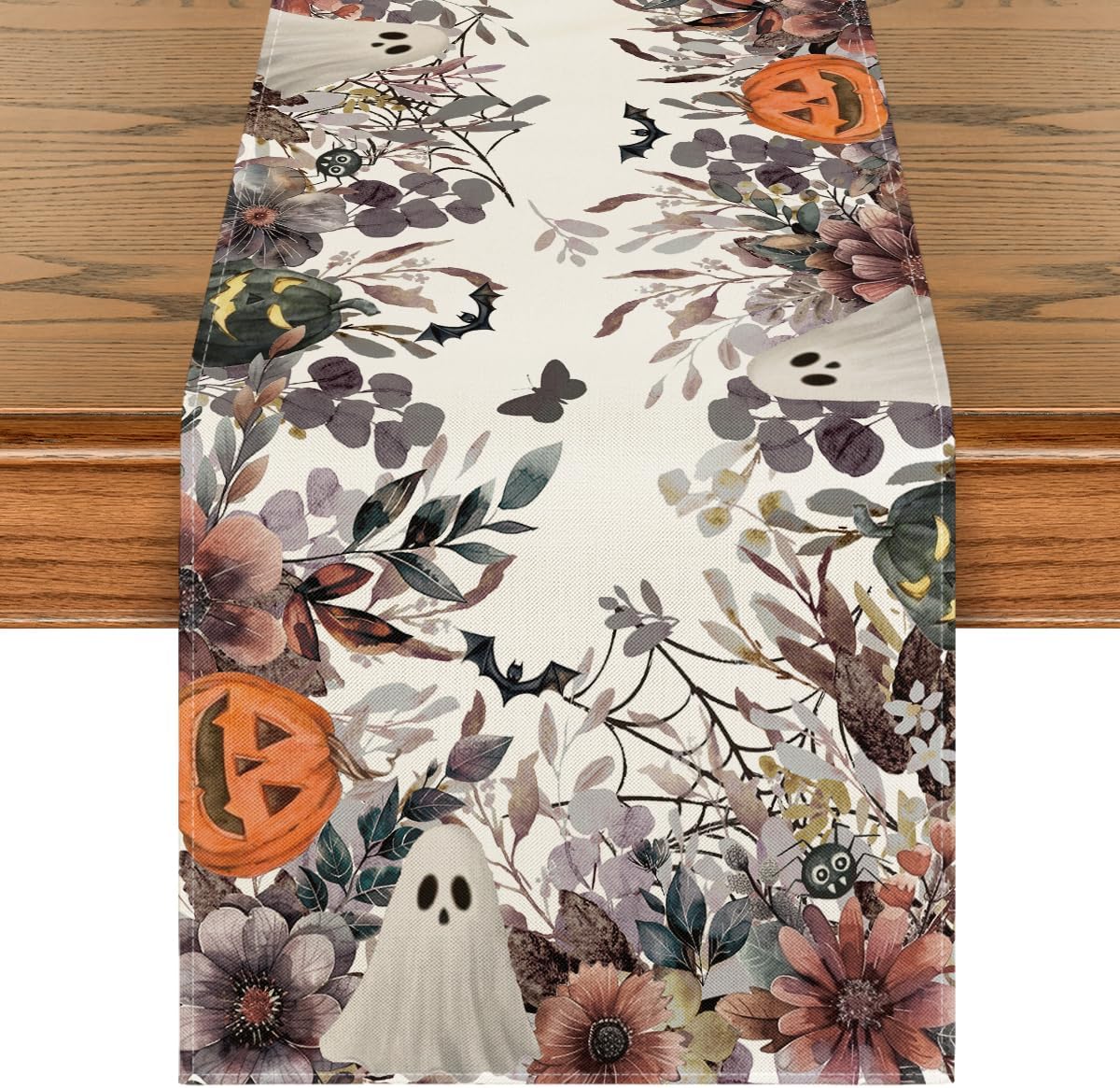 Artoid Mode Jack-O'-Lantern Pumpkin Floral Ghost Halloween Table Runner, Eucalyptus Kitchen Dining Table Decoration for Home Party Decor 13x72 Inch