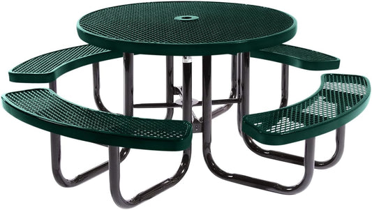 Heavy-Duty Portable Outdoor Picnic Table with Umbrella Hole, Expanded Metal Commercial-Grade Patio Dining Furniture Made in America (46" Round Top, Textured Dark Green)