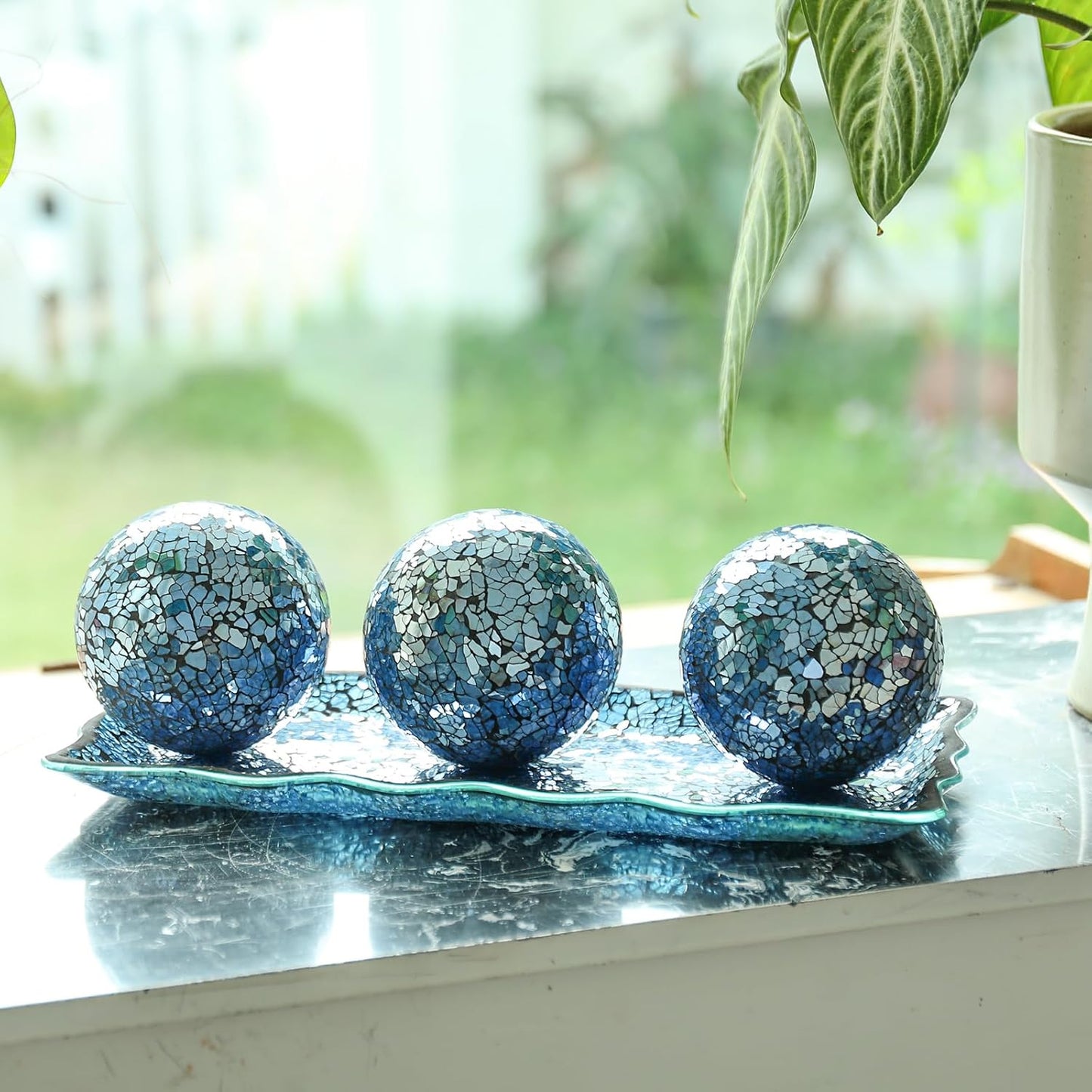 VCUTEKA Decorative Balls and Glass Bowl, 4 Inch Mosaic Sphere Balls Centerpiece Balls for Coffee Table, Home Decor, Wedding Party Decor, Blue