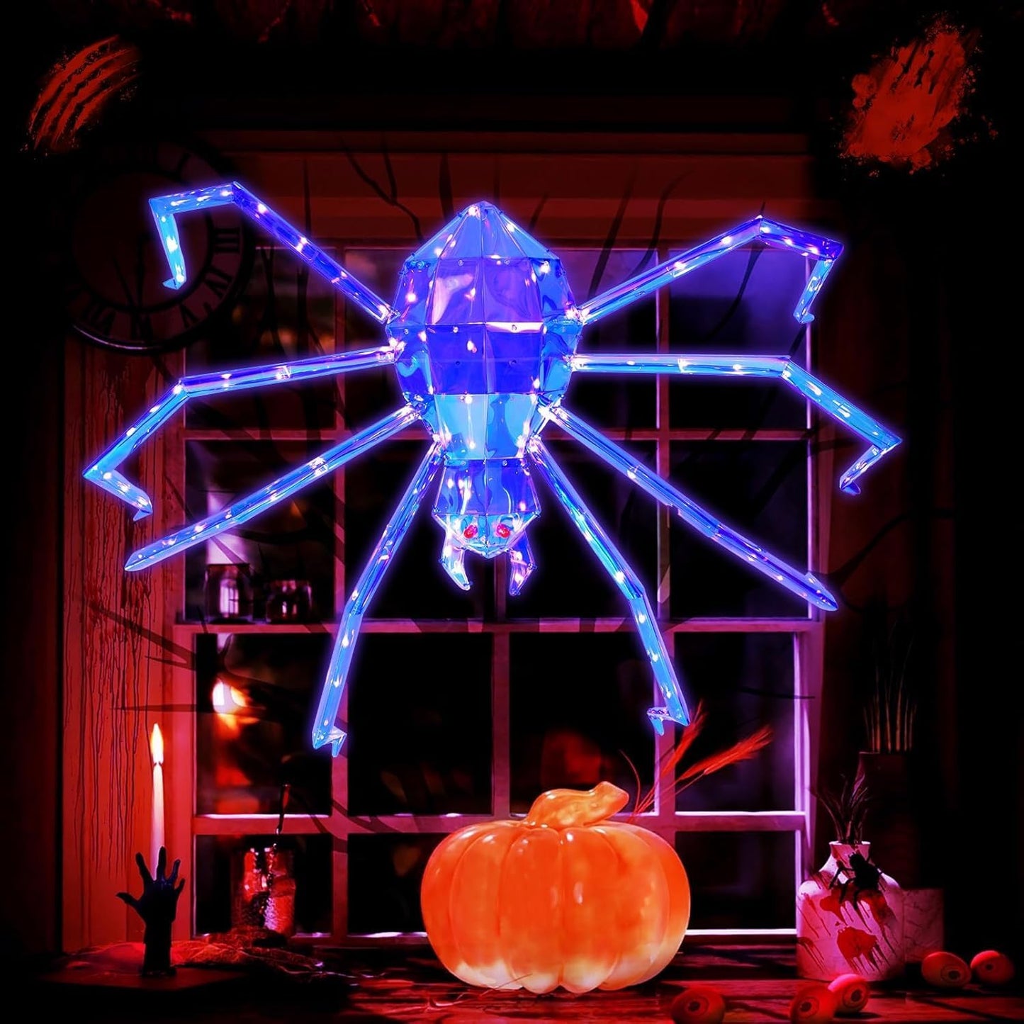 Prismatic Iridescent Giant Spider, Pre-lit Large Outdoor Scary Prismatic Spider Decorations for Halloween 120 Purple LED Light Up Giant Spider Outdoor Halloween Decorations for Garden