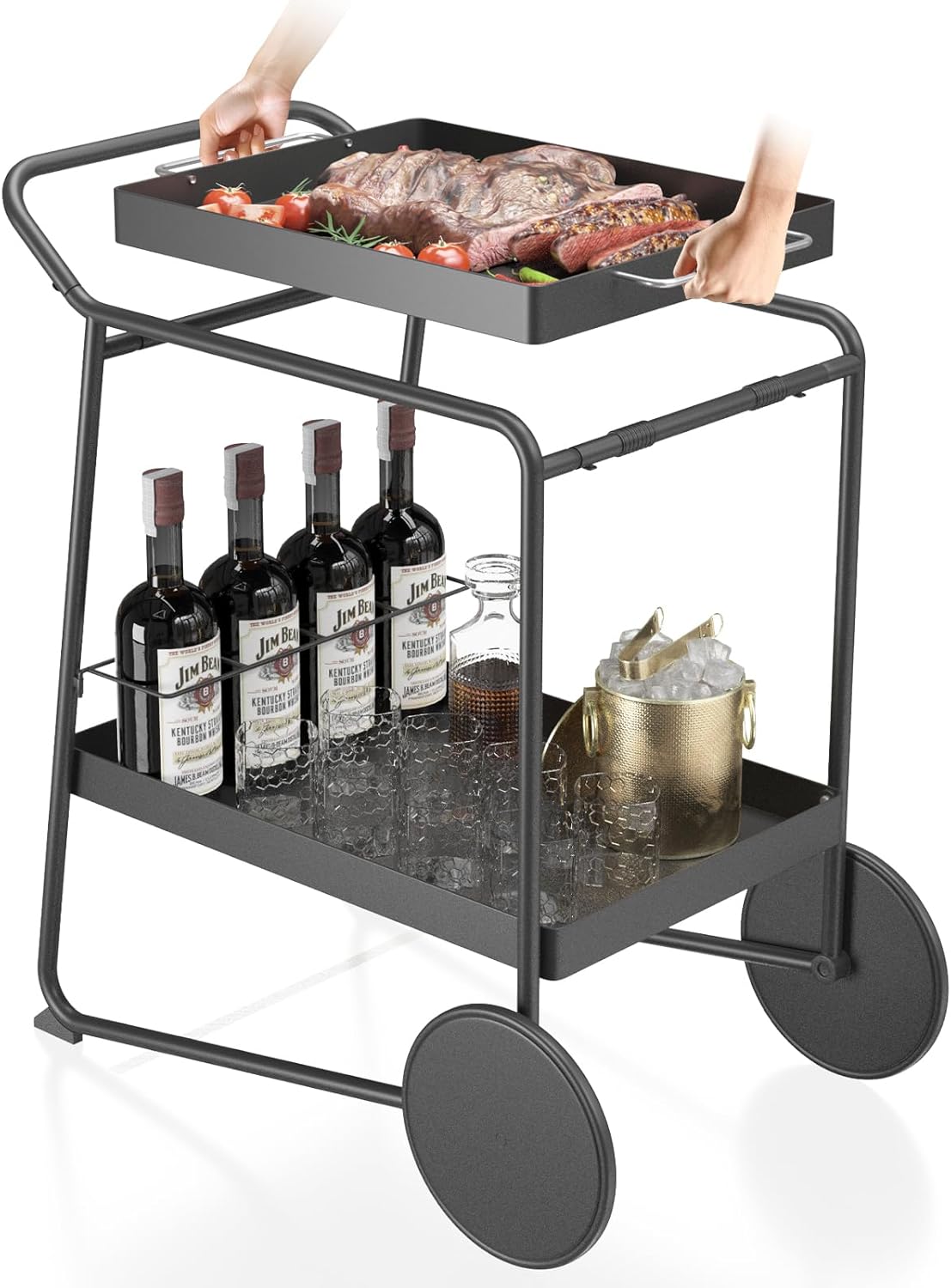 Outdoor Grill Cart Table with Extra-Large Wheel, 24" x 16" Removable Tray & Ergonomic Handle, Indoor and Outdoor Pizza Oven Table for Garden Patio BBQ Kitchen Food Prep Cart for Party