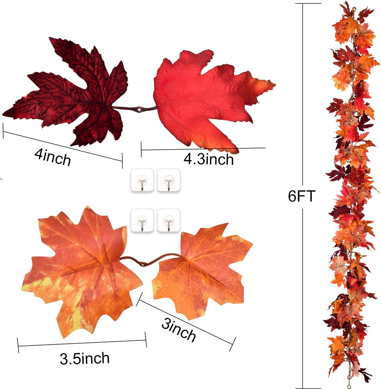 2 Pack Fall Maple Leaf Garland Artificial Maple Garland, Autumn Hanging Fall Leave Vines for Indoor Outdoor Wedding Thanksgiving Dinner Party Decor