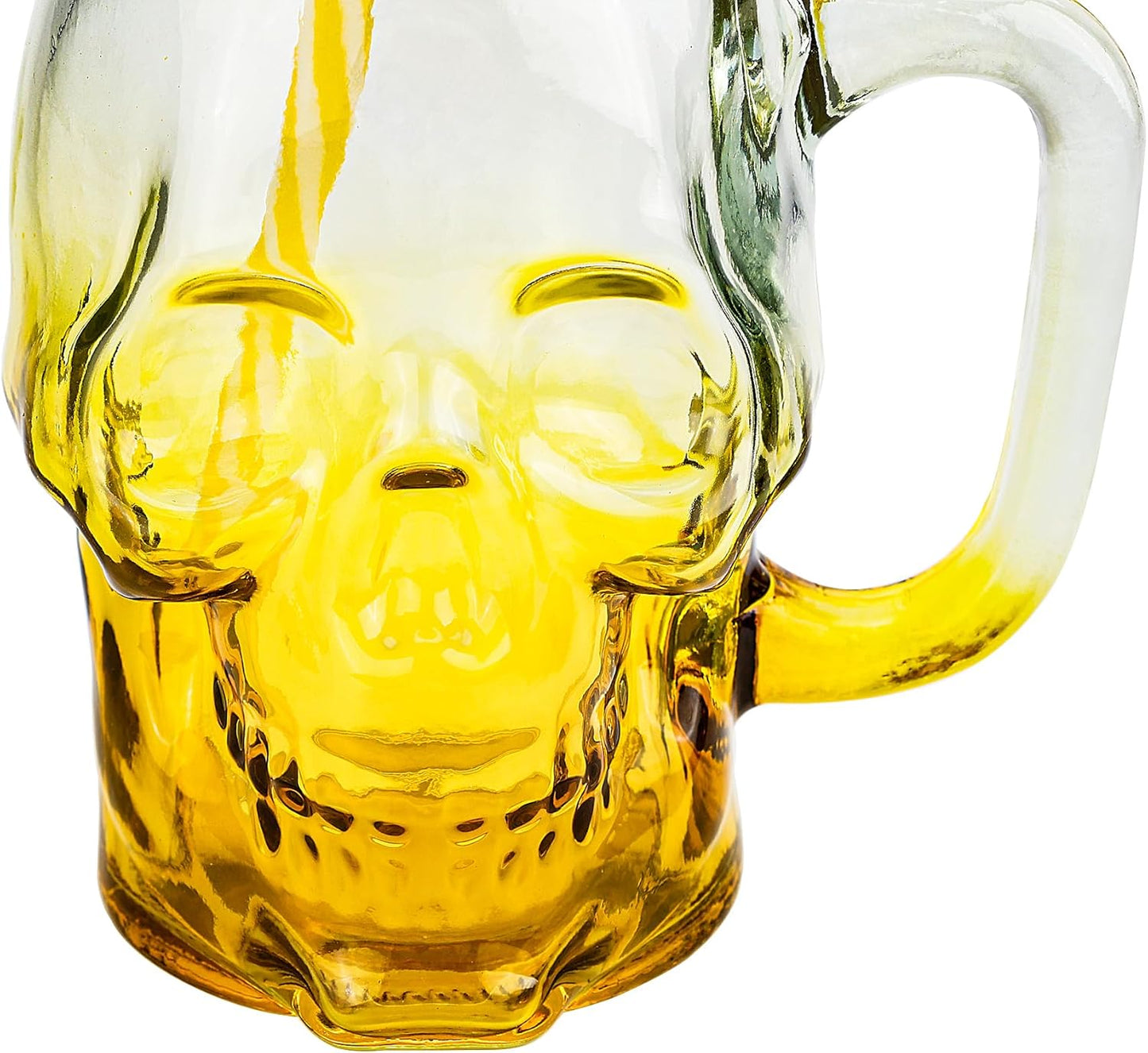 Halloween Cups Set of 4 - Yellow Skull Glass Drinking Jar with Lids and Straws - Halloween Decor, Drinking Glasses 16 oz
