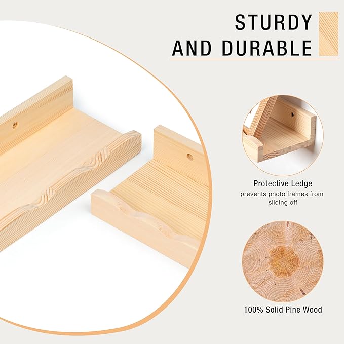 Fun Memories Picture Ledge Shelf for Wall, 36 inch Pine Wood Nursery Book Shelves Set of 2- Wall Book Shelves for Kids Room, Home Decor - Kitchen Spice-Natural