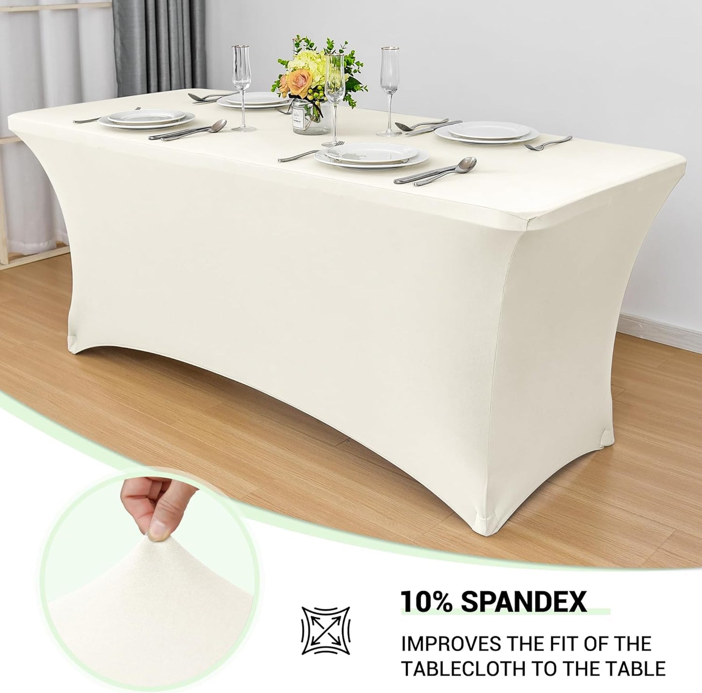 Obstal 8Ft Stretch Spandex Table Cover for Standard Folding Tables - 2 Pack Universal Rectangular Fitted Tablecloth for Party, Banquet, Events, Trade Show (Cream, 96L x 30W x 30H Inches)