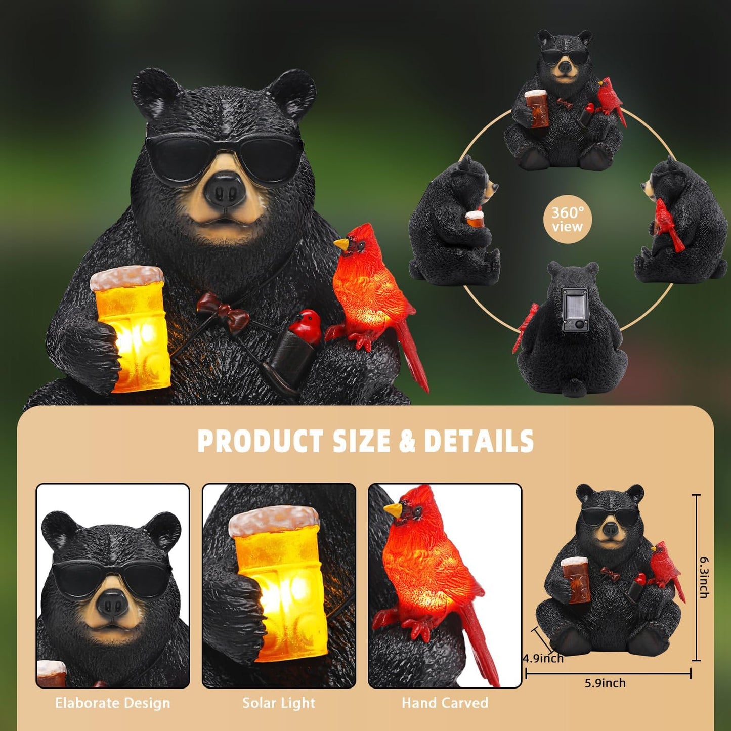 Solar Black Bear Statue for Garden with Beer and Cardinals 6.3" Resin Garden Statues for Outside Yard Paito Porch Decor Birthday Gardening Gifts for Women Mother Sister Grandmother Wife