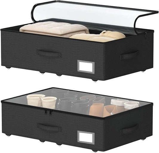 Underbed Storage Bins with Wheels, No Assembly Required - 7.5 inch height Black Large Capacity Rolling Underbed Containers for Shoes, Dorm under bed storage drawers