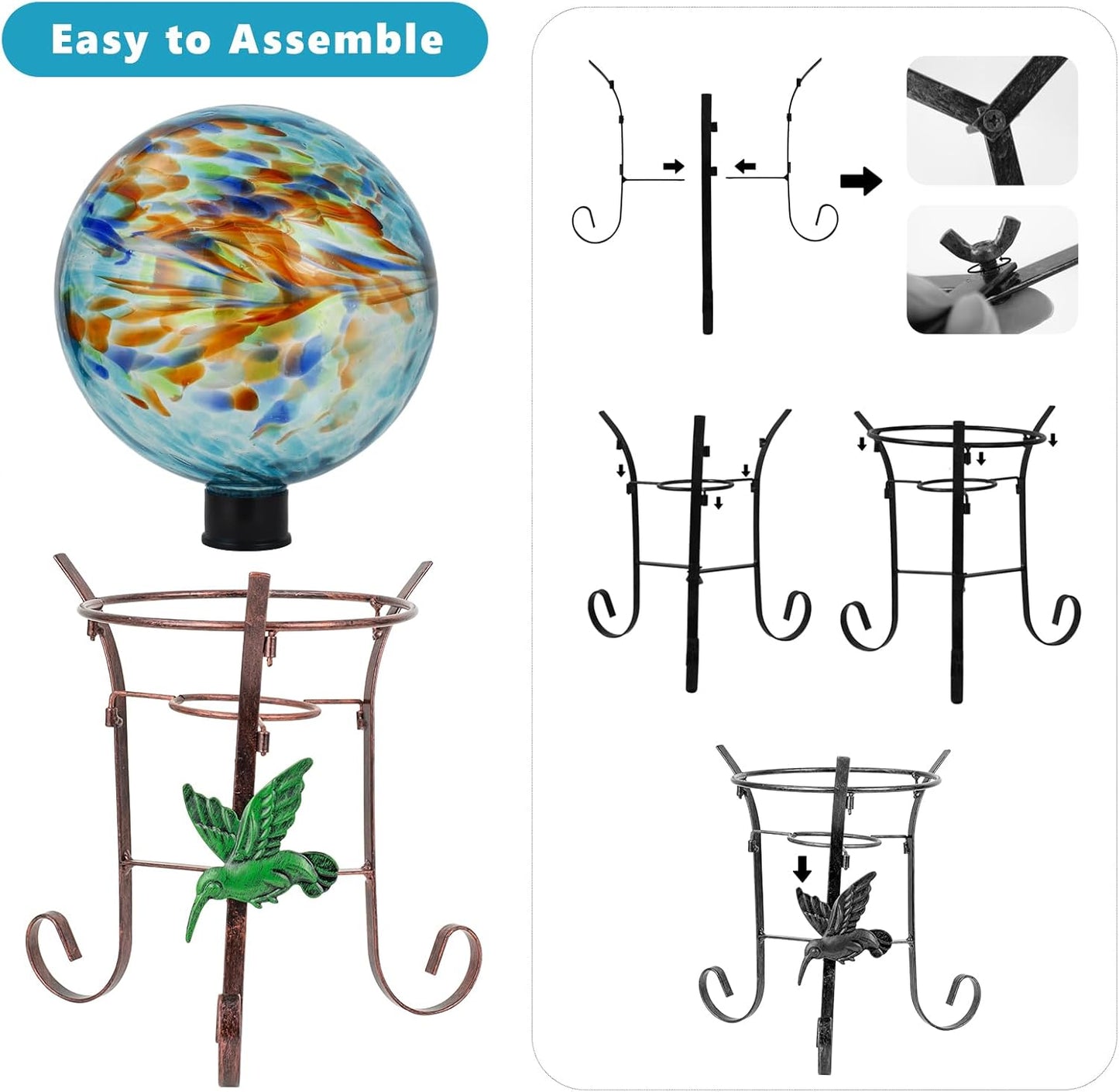 10 Inch Glass Gazing Ball, with 9.4" Tall Metal Gazing Globe Stand, Glass Balls Display Holder Set for Outdoor Garden Lawn Yard Decoration, Blue Artistic