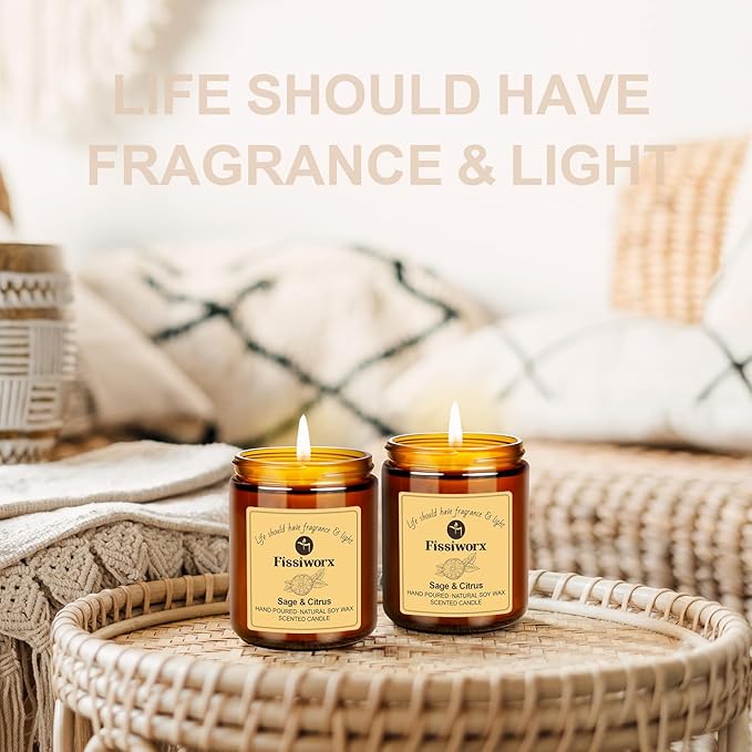 Sage & Citrus Scented Candle Set 2 Pack – Natural Soy Wax Hand-Poured – 60 Hour Long Lasting Burn – Relax and Relieve Stress – Premium Aromatherapy Candle for Home Decor, Gifts