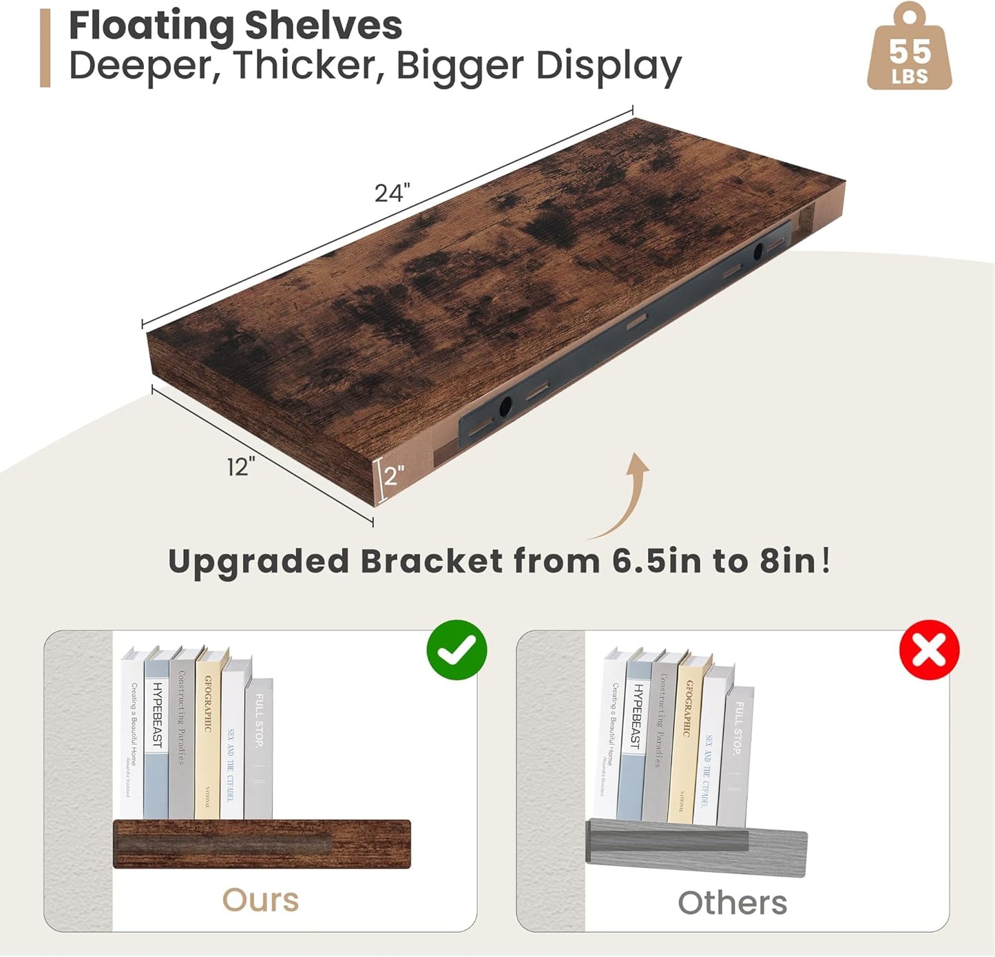 Heimlove 24 x 12 Inch Deep Floating Shelves Wall Mounted with Invisible Brackets,Storage Hanging Shelf for Wall Decor in Bathroom, Bedroom, Kitchen, Living Room, Office Set of 2 (Rustic Brown)