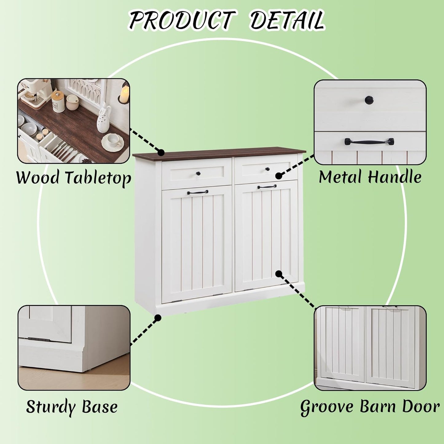 Double Tilt Out Laundry Hamper Cabinet, 20 Gallon Farmhouse Trash Can Cabinet with Drawer, Hidden Wood Garbage Can Bin Cabinets with Laundry Storage Basket for Bathroom, Kitchen (Antique White)