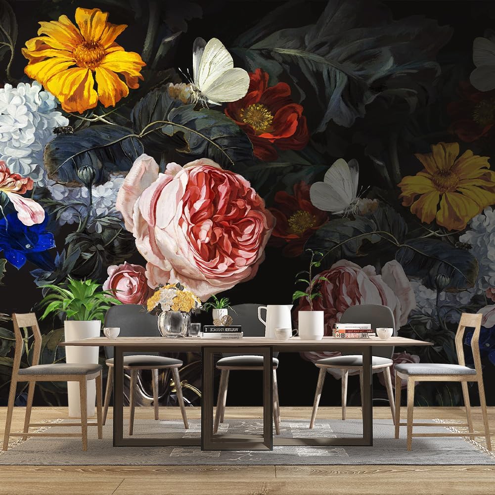 Vintage Black Flowers Mural Bedroom Peony Floral Wallpaper Room Decor Living Room tv Background Large Wall Mural - 183"x120" (Not Peel and Stick)