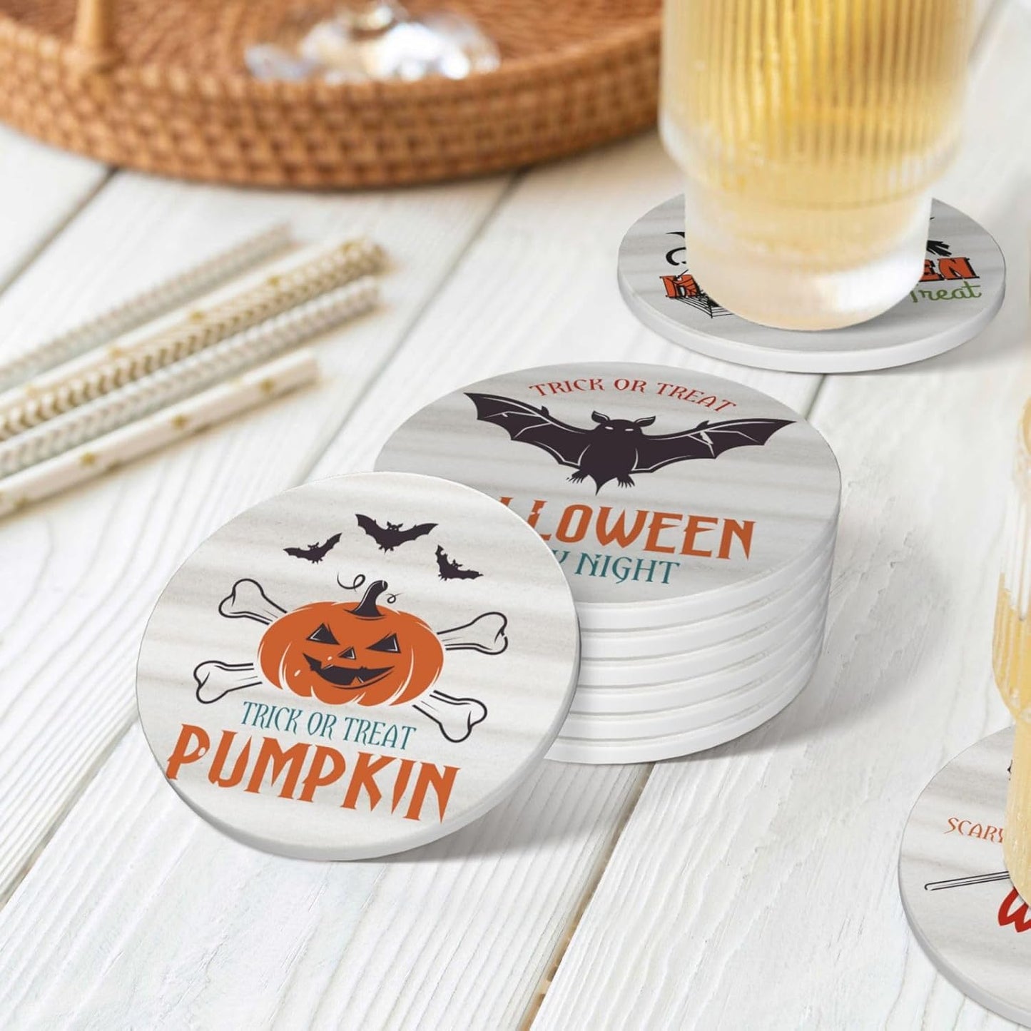 6 PCS Halloween Coasters with Metal Holder and Cork Base Ceramic Drink Coasters Absorbent Cup Mat Non-Slip for Home Kitchen Office Table Decor, 4 Inch Halloween 1