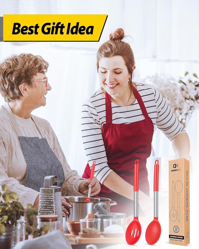 Pack of 2 Large Silicone Cooking Spoons,Non Stick Solid Basting Spoon,Heat-Resistant Kitchen Utensils for Mixing,Serving,Draining,Stirring (RED)