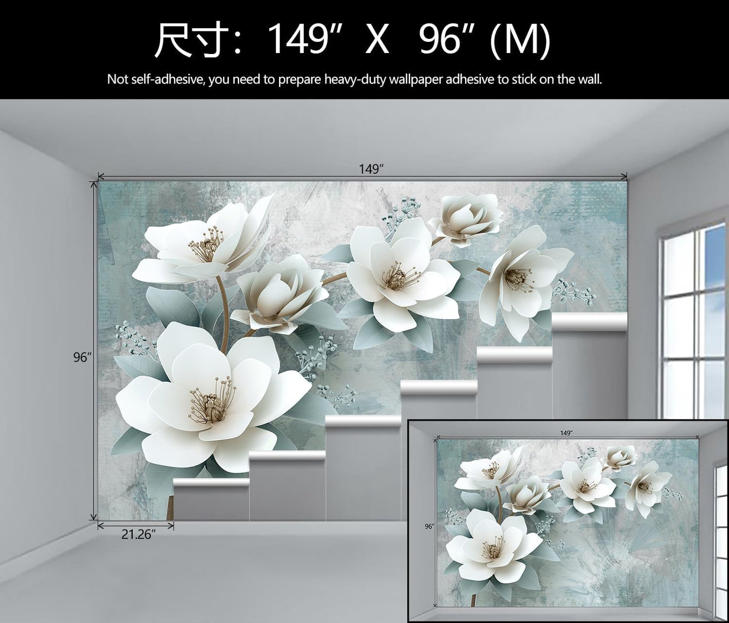 WFBHUA-Green Floral Wallpaper Mural Modern Large 3D Art Flower Wallpaper for Living Room Bedroom Bathroom Wall Mural(Not Peel and Stick)