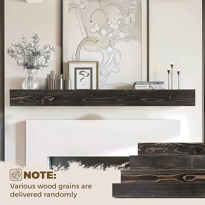 60x8x3 Fireplace Mantel - Handcrafted Hollow Rustic Solid Wood Wall Mounted Floating Shelf with Invisible Heavy Duty Wood Bracket (Weathered Black)