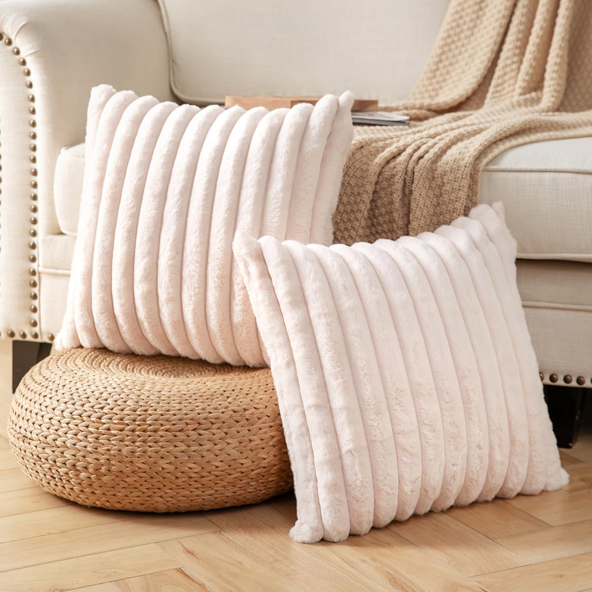 DEELAND Pack of 2,Double-Sided Faux Fur Plush Decorative Throw Pillow Covers Fuzzy Striped Soft Pillowcase Cushion Covers for Sofa Couch Bedroom Beige 26x26 inch