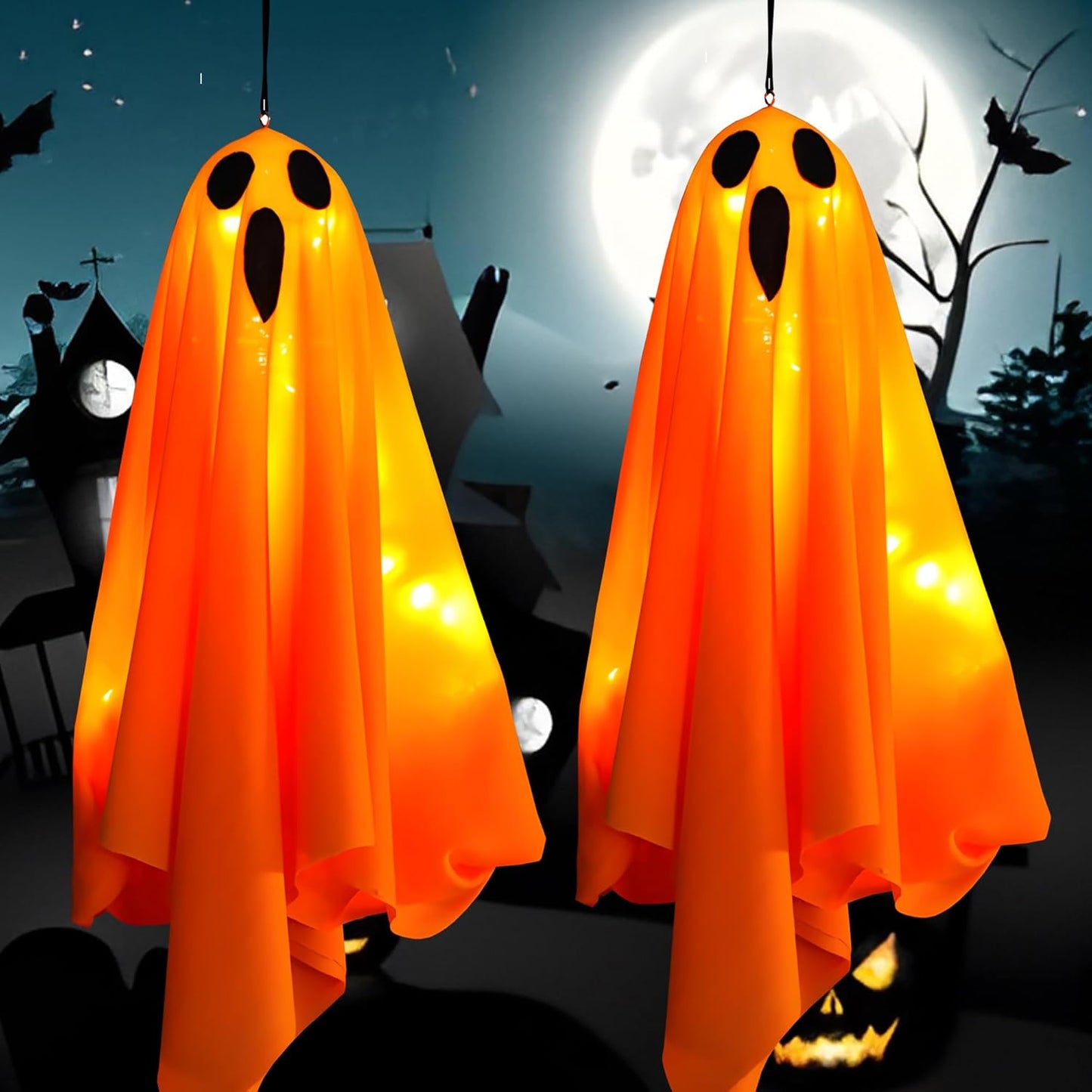 Halloween Light-up Ghost Decorations,Halloween Hanging Flying Ghosts with String Lights,Battery Operated Light up Spooky Ghosts Ornaments for Front Yard, Patio, Lawn, Garden, Party, 19.6 Inch, 2 Pack