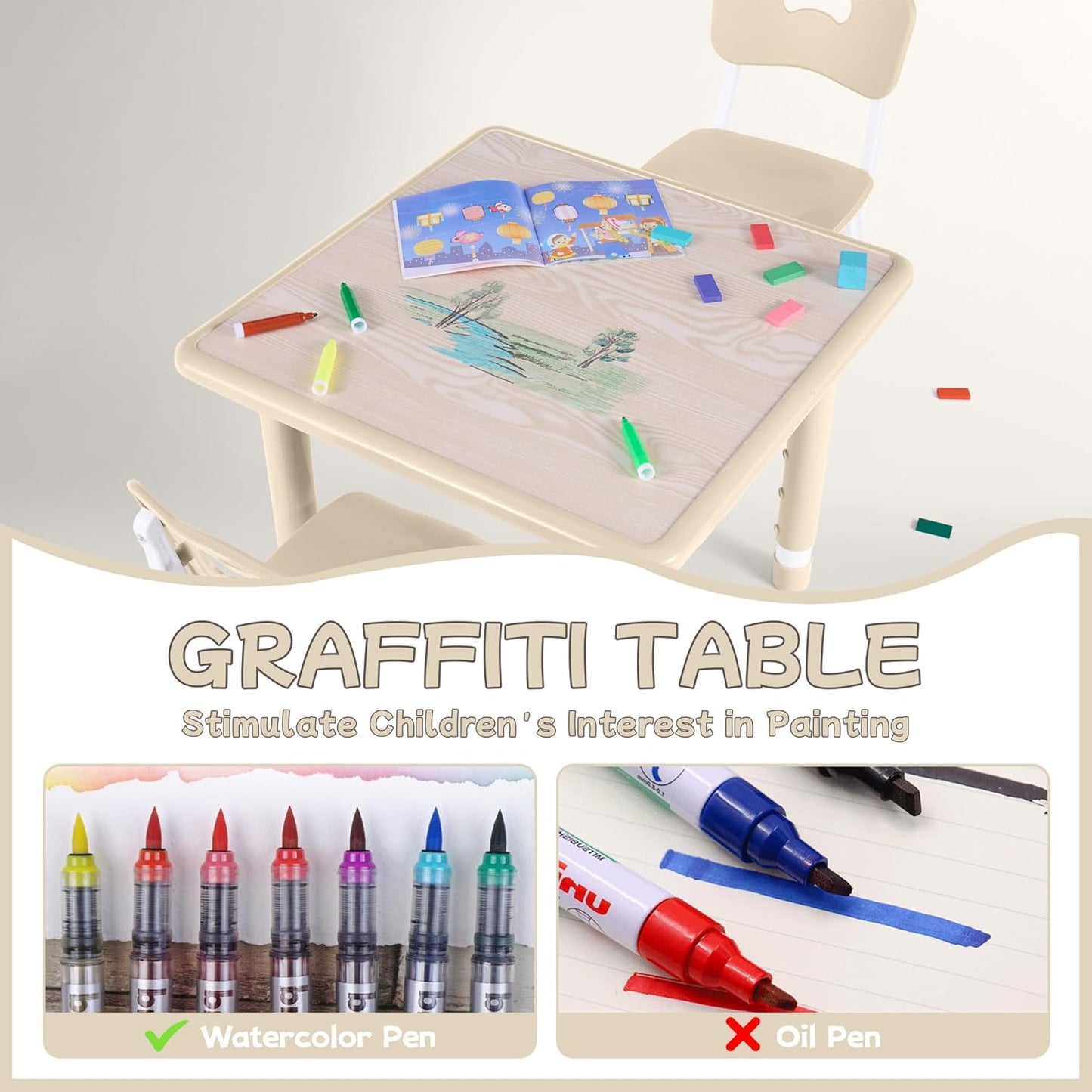 Toddler Table and Chair Set, Height Adjustable-Upgrade Kids Table and 2 Chairs for Ages 3-8, Multi-Activity Toddler Play Table with Graffiti Desktop for Home/Daycare/Classroom