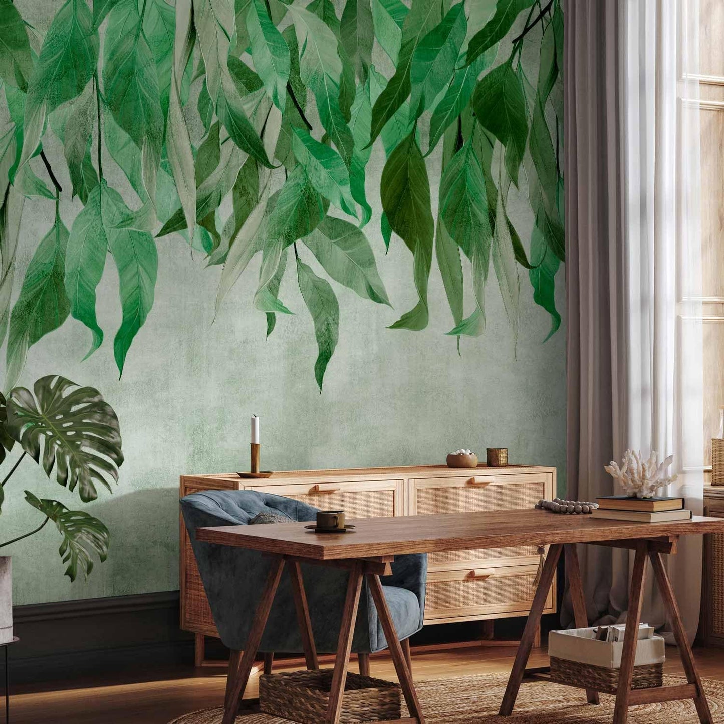 artgeist Premium Wall Mural Hanging Leaves 98x69 in - Non-Woven Wallpaper Fleece Wall Decor Photo Print Picture Image Design Nature Botanical Concrete Green Like Painted b-C-10146-a-a