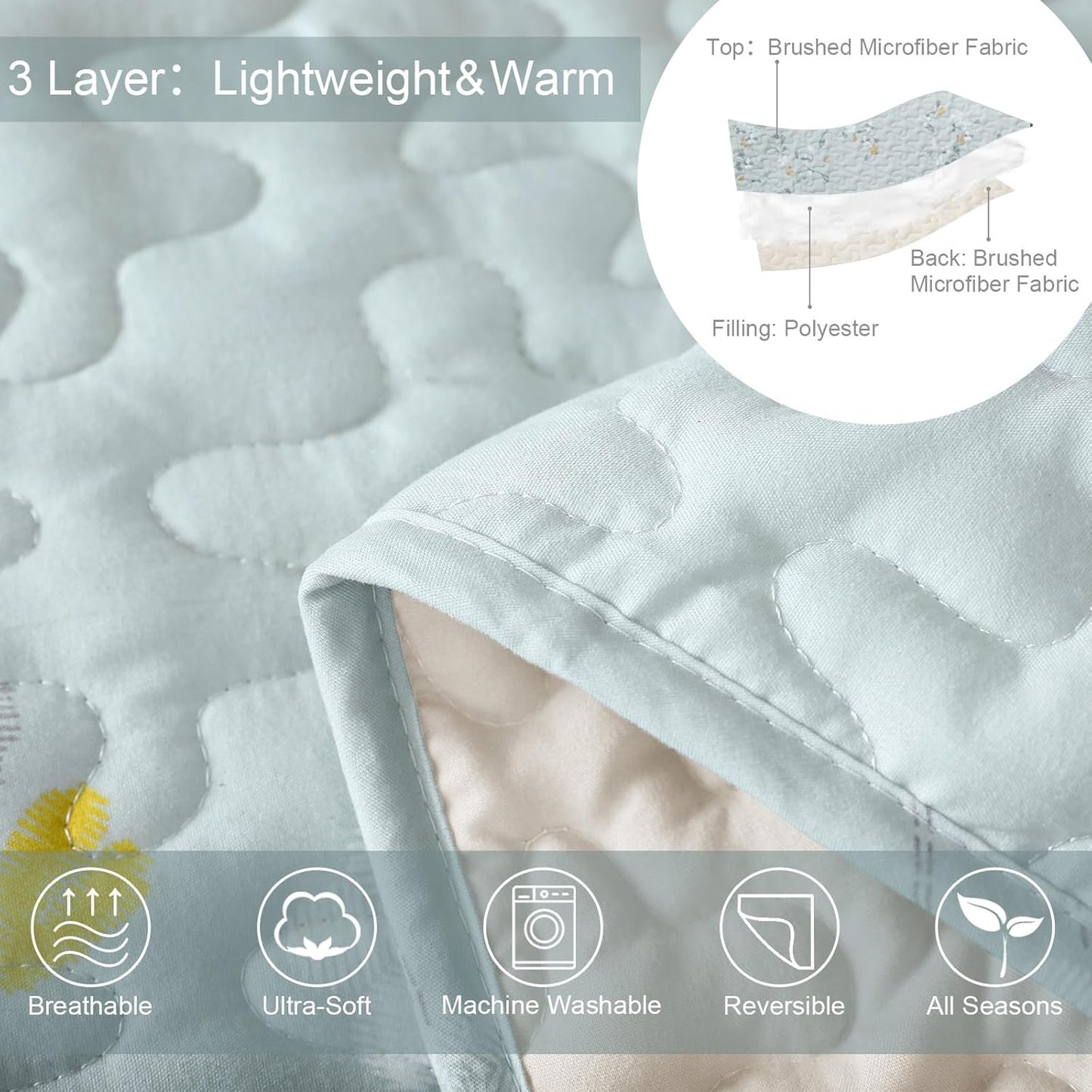 Exclusivo Mezcla Reversible Boho Quilt Set King Size, 3 Pieces Flowers Aqua All Season Bedspreads, Ultra Soft Floral Coverlet Bedding Set with Printed Pattern (1 Quilt, 2 Pillow Shams)