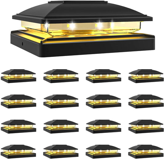 VOLISUN Solar Post Cap Light Outdoor Waterproof 16pack,Solar Fence - Post Lights for 4x4 5x5 6x6 Wooden/Vinyl Post,Black Deck Cap Light Solar Powered with Warm White for Garden/Patio/Porch