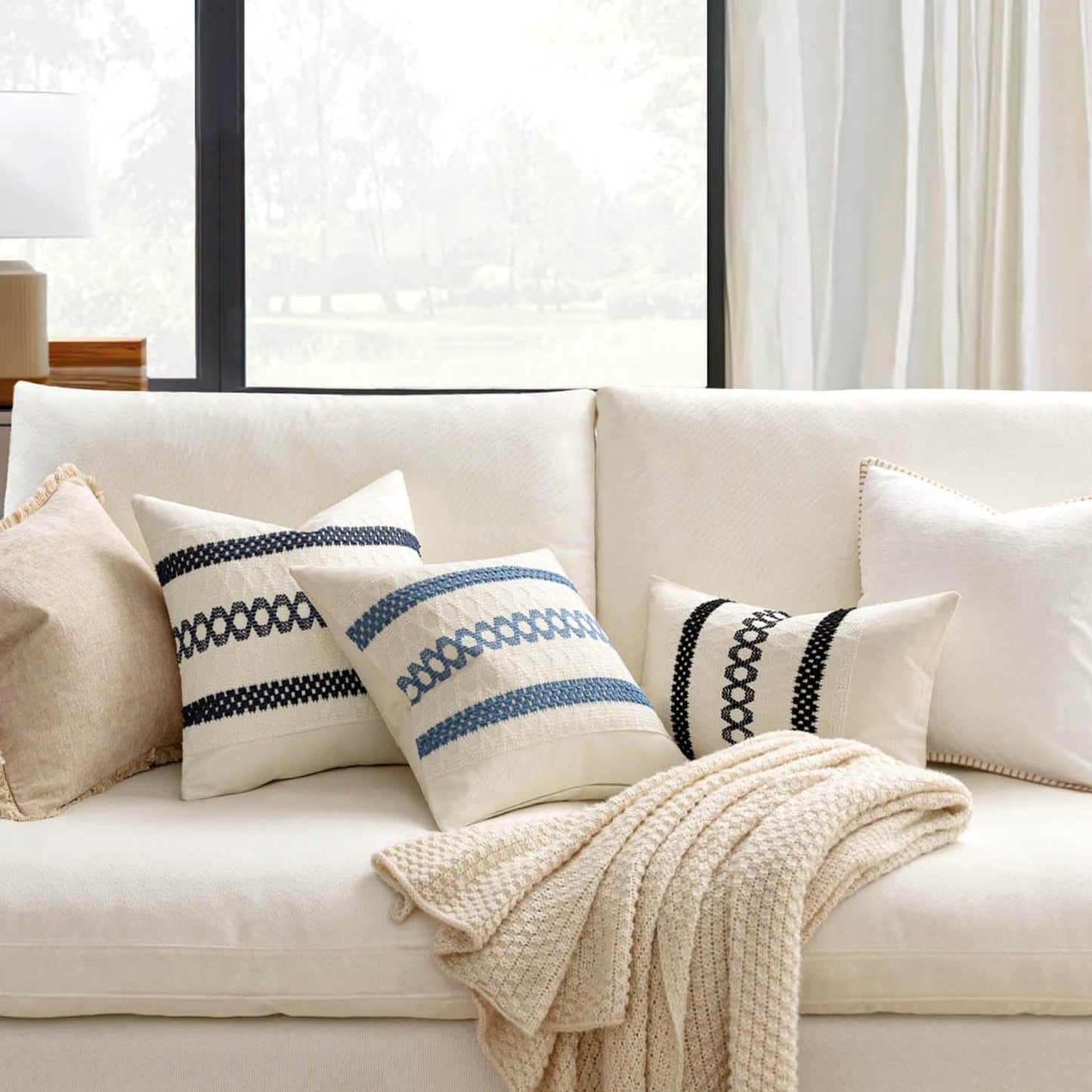 MIULEE Set of 2 Coastal Blue Boho Decorative Pillow Covers 16x16 Inch Farmhouse Rustic Couch Throw Pillows Modern Cotton Cushion Covers Retro Cute Macrame Woven Home Decor for Bed Sofa Chair