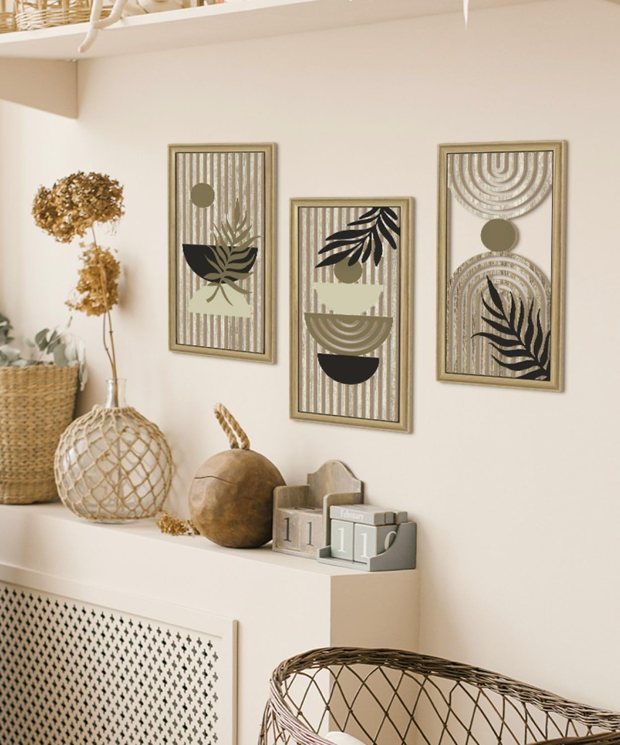 Putuo Decor Boho Abstract Wall Art, Set of 3, Modern Geometric Botanical Wooden Wall Decor, Mid-Century Minimalist Framed Artwork, Neutral Toned Aesthetic Prints, for Living Room, Bedroom, Office