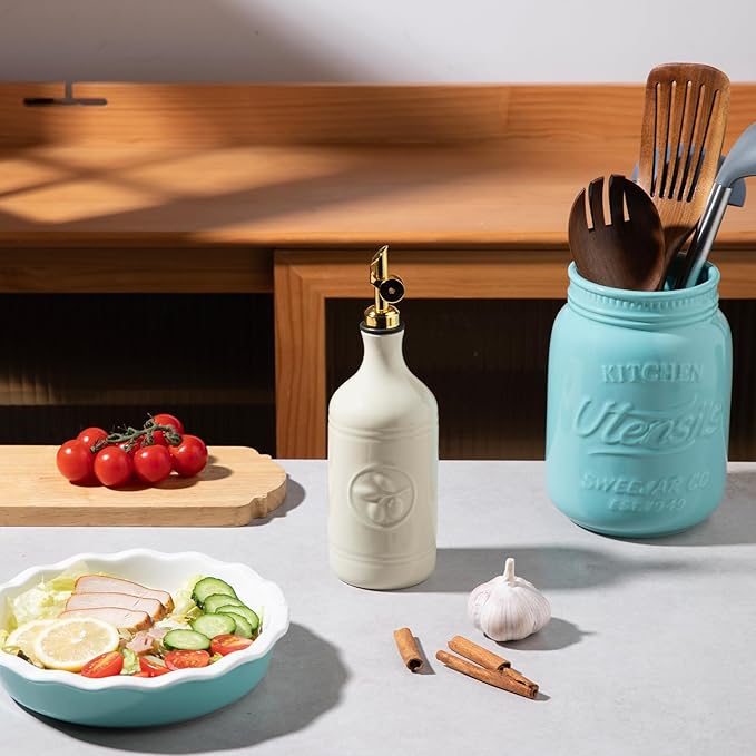 Sweejar 16 Oz Ceramic Olive Oil Dispenser Bottle, Oil Dispenser for Kitchen with Gravity Spout, Relief Opaque Oil Container for Evoo, Avocado Oil, Vinegar, Soy Sauce, 1 Pack(Beige, Gold Spout)