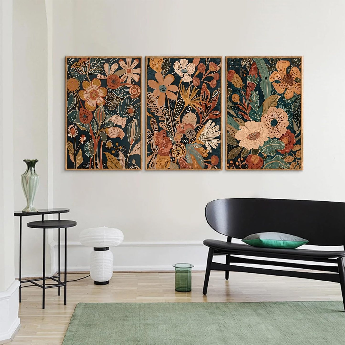 Tinonedraw Vintage Burnt Orange Floral Framed Canvas Wall Art Set of 3, Boho Chic Flower Artwork, Mid Century Modern Plant Wall Decor, Colorful Neutral Botanical Art Prints for Bedroom Living Room Office 16"x24"