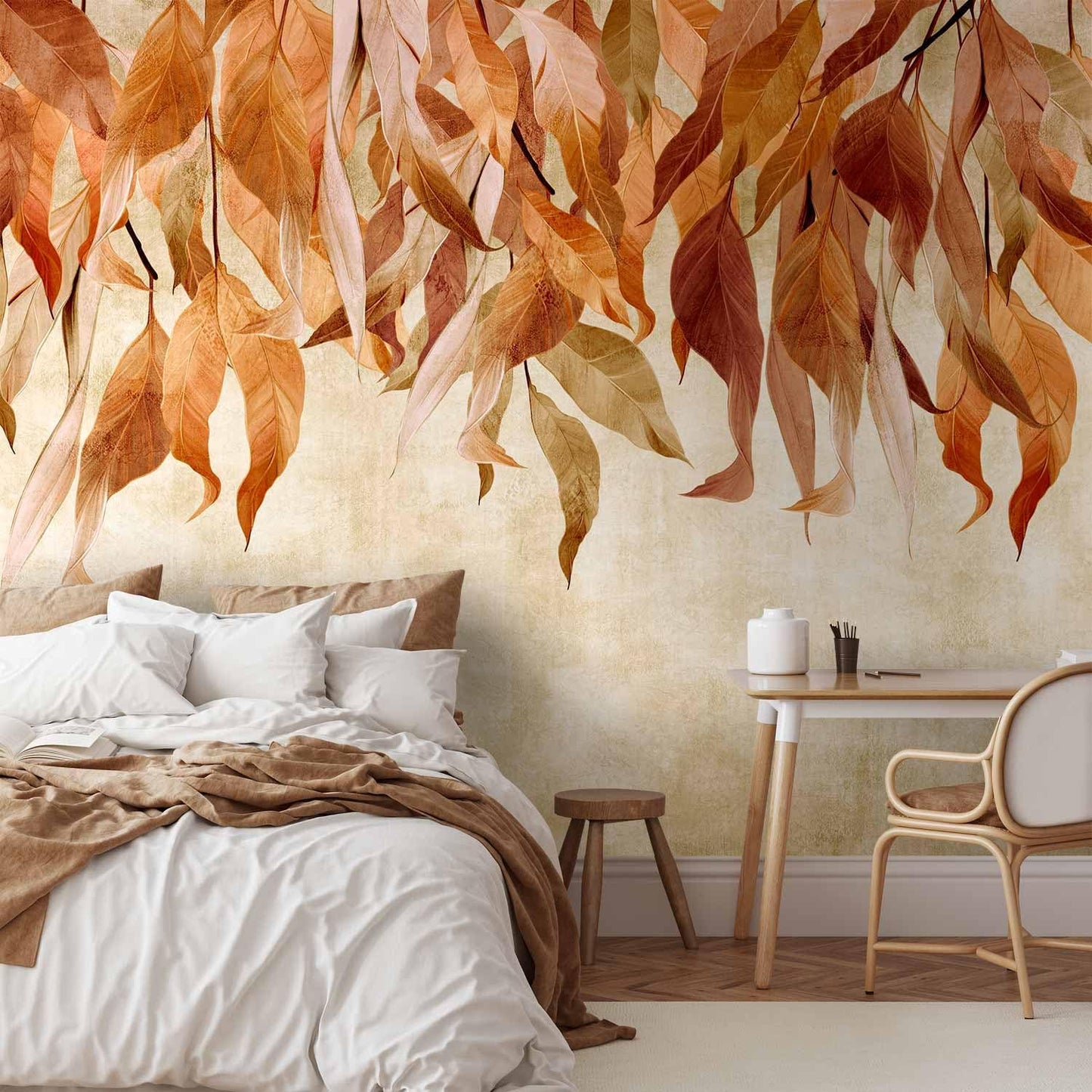 artgeist Wall Mural Hanging Leaves 135x101 in - Peel and Stick Self-Adhesive Wallpaper Removable Large Sticker Foil Wall Decor Print Picture Design Nature Botanical Concrete Orange b-C-10146-a-c