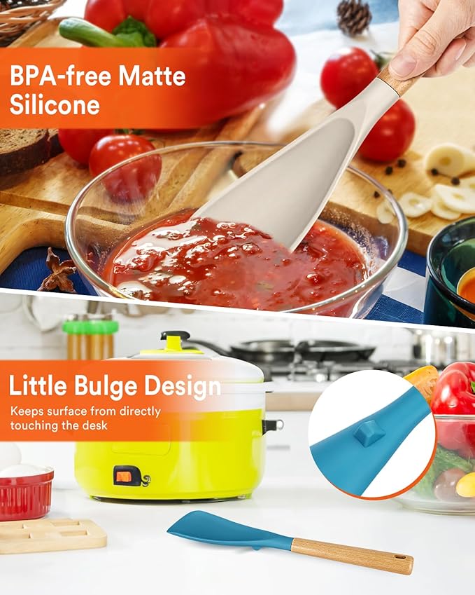 Cooking Spoon for Nonstick Cookwares, Great for Cooking and Serving Sturdy BPA-Free Matte Silicone, Wood Handle Spoon for Mixing, Scoop, and Scrape (Khaki & Turquoise, 13.4 inch)