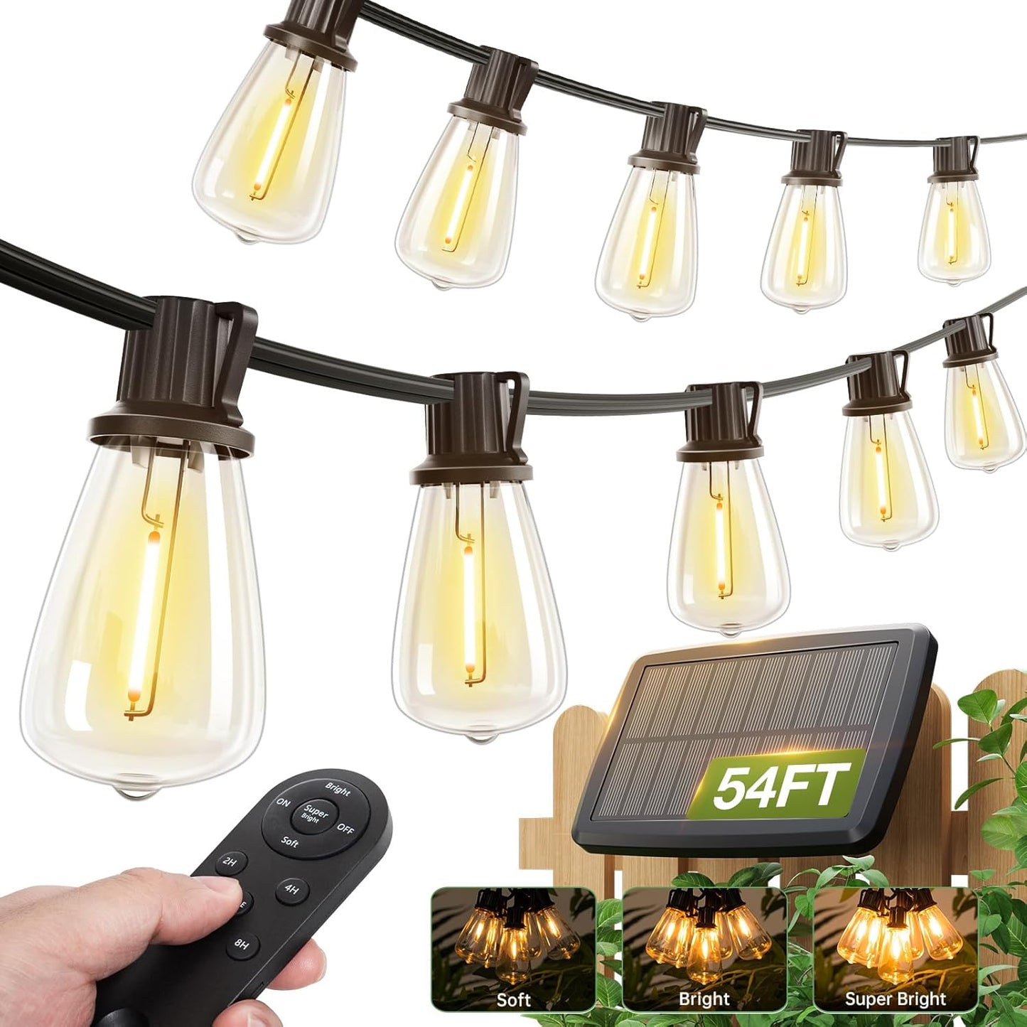 addlon 54(48+6) FT Solar String Lights Waterproof,Patio Lights Solar Powered with Remote & USB Port 15+1 LED Shatterproof Bulbs 3 Light Modes, Dimmable Solar Light for Camping Backyard Garden