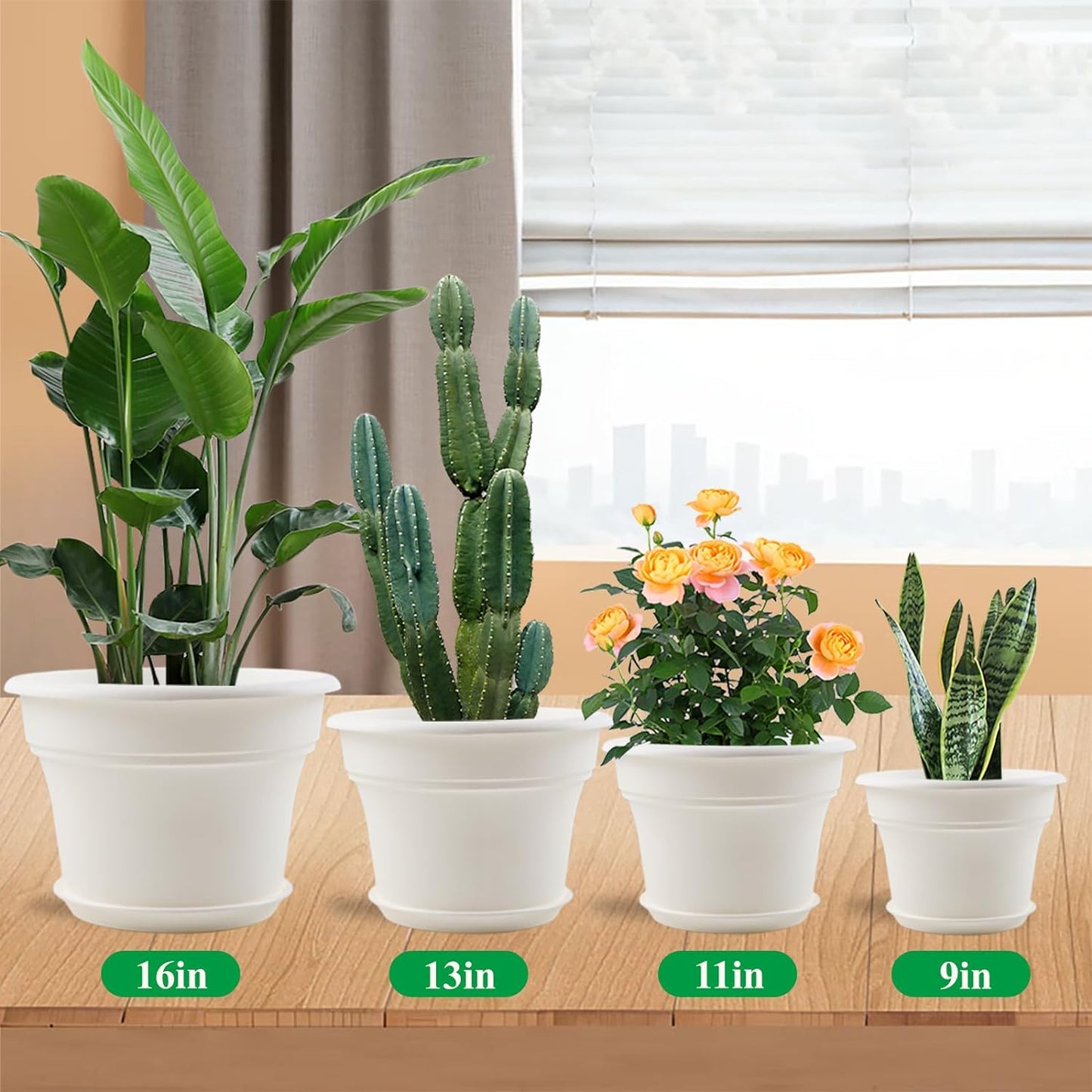 11 Inch Plastic-Flower-Pot-for-Indoor-Plants, 4 Pack Large Outdoor Planter Pot with Drainage Holes & Saucers, Resin Decorative Garden Pots Planters