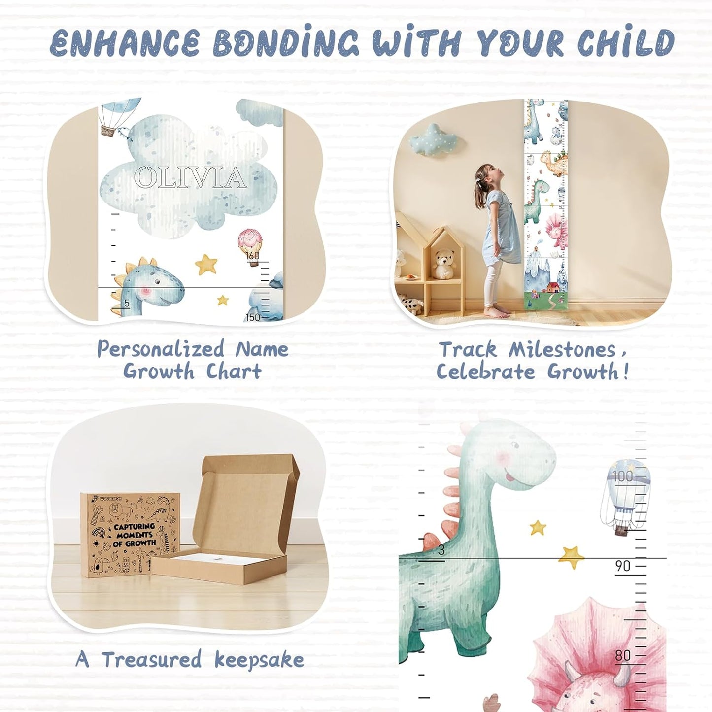 Personalized Name Growth Chart for Kids, Watercolor Dinosaur Height Measurement Chart for Children's Growth, Suitable for Both Boys and Girls, Removable and Easy to Store, Lightweight