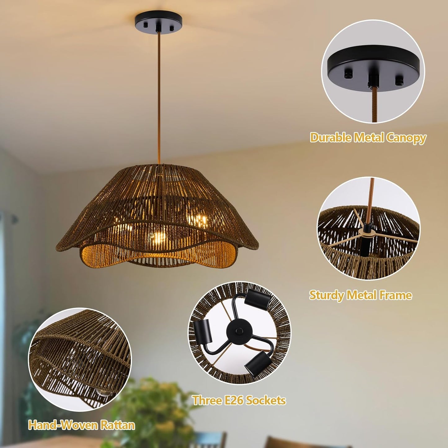 Rattan Pendant Light Fixture Ceiling, 19.68”Hand Woven Wicker Chandelier, Rustic 3-Light Large Hanging Lamp, Adjustable Boho Flush Mount Hanging Light for Dining Room Kitchen Living Room